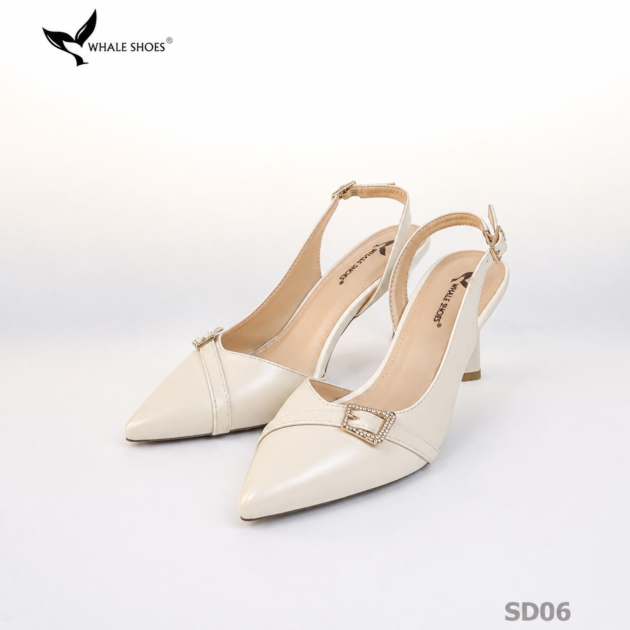 Giày cao gót Whale Shoes 7cm, mũi nhọn cổ tim, khoét eo da mờ, khoá đính đá, đế chống trượt-SD06