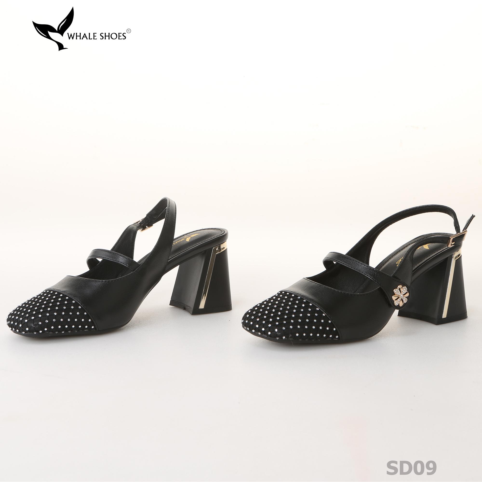 Giày cao gót nữ mũi vuông Whale Shoes 7cm, 6cm, phối lưới đính đá, gót vuông mạ vàng, đế chống trượt-SD09