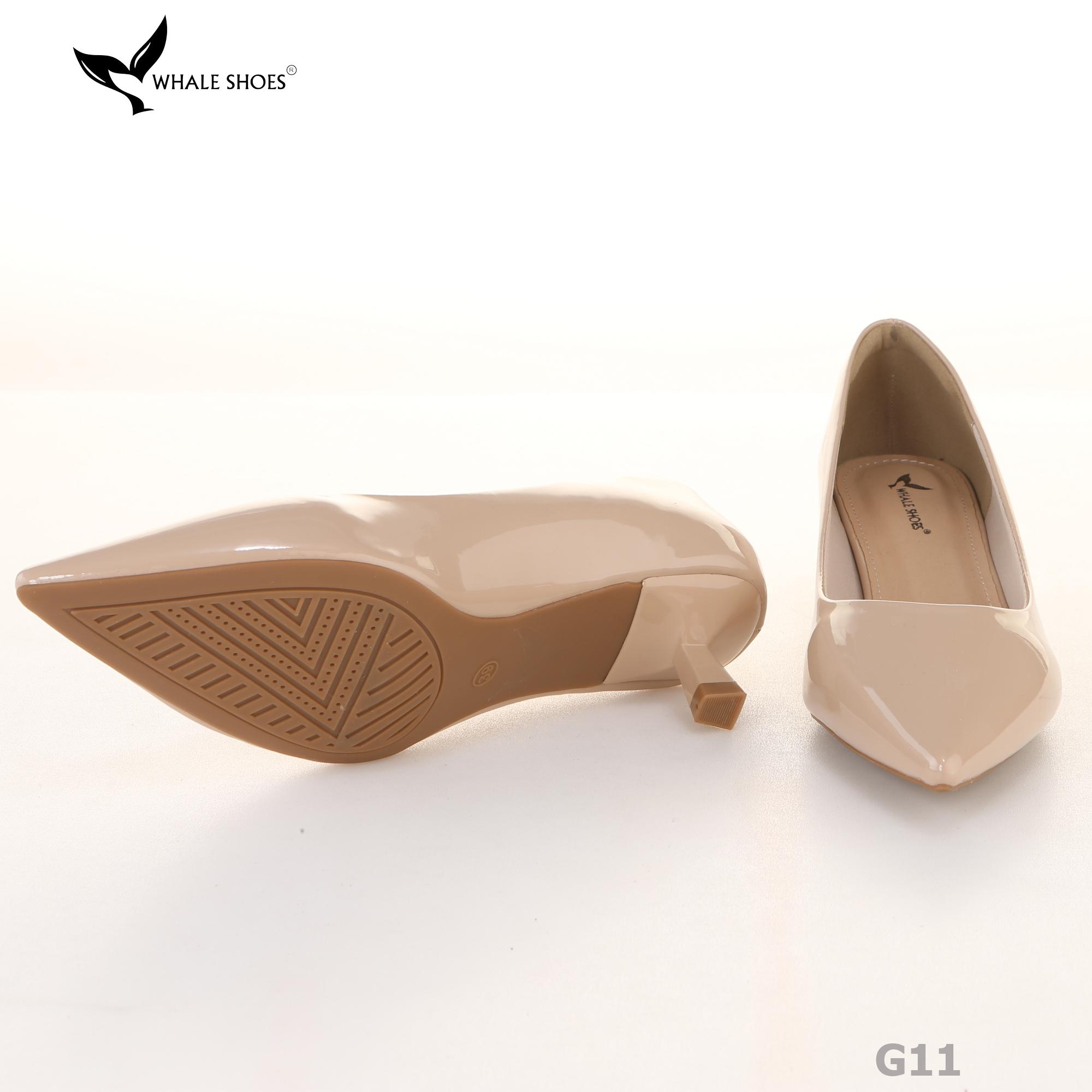 Giày Cao Gót Whale Shoes 4cm, mũi nhọn, da bóng và da mờ, lót êm, đế chống trượt-G11