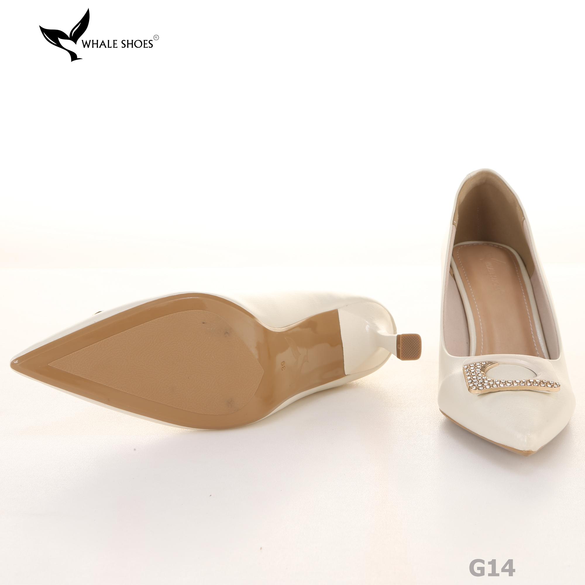 (Giảm size) Giày cao gót Whale Shoes 8cm, bít mũi, da mờ, đính khóa, lót êm, đế chống trượt-G14