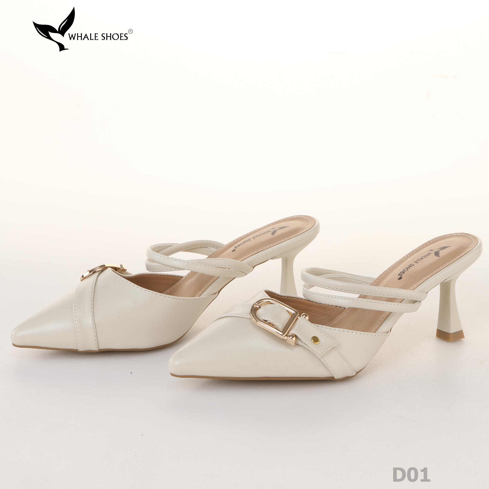 Sục cao gót nữ  Whale Shoes 7cm mũi nhọn, đính khóa, êm chân, đế chống trượt-D01
