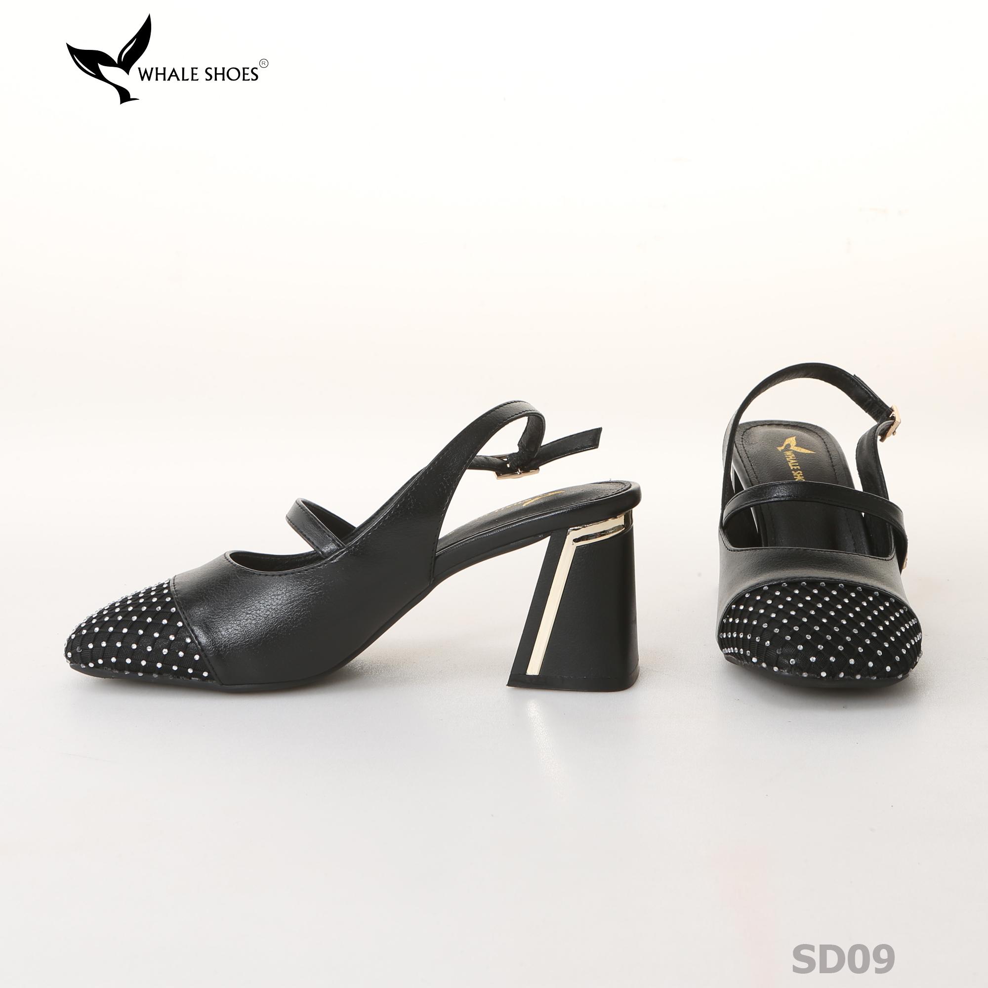 Giày cao gót nữ mũi vuông Whale Shoes 7cm, 6cm, phối lưới đính đá, gót vuông mạ vàng, đế chống trượt-SD09