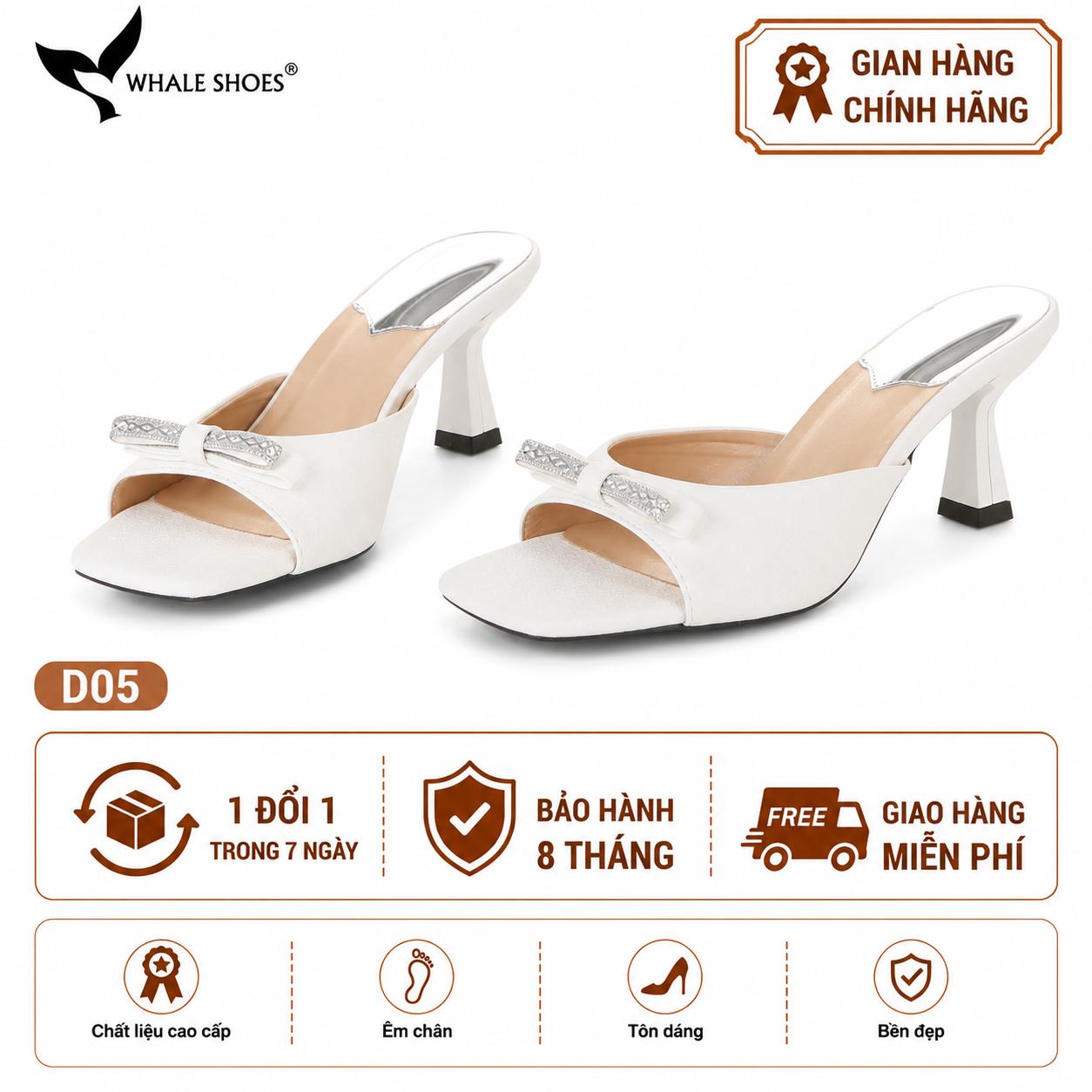 Dép (guốc) nữ Whale Shoes 6cm (tăng size) mũi vuông vân da dưa lưới, nơ đính đá, đế chống trượt-D05