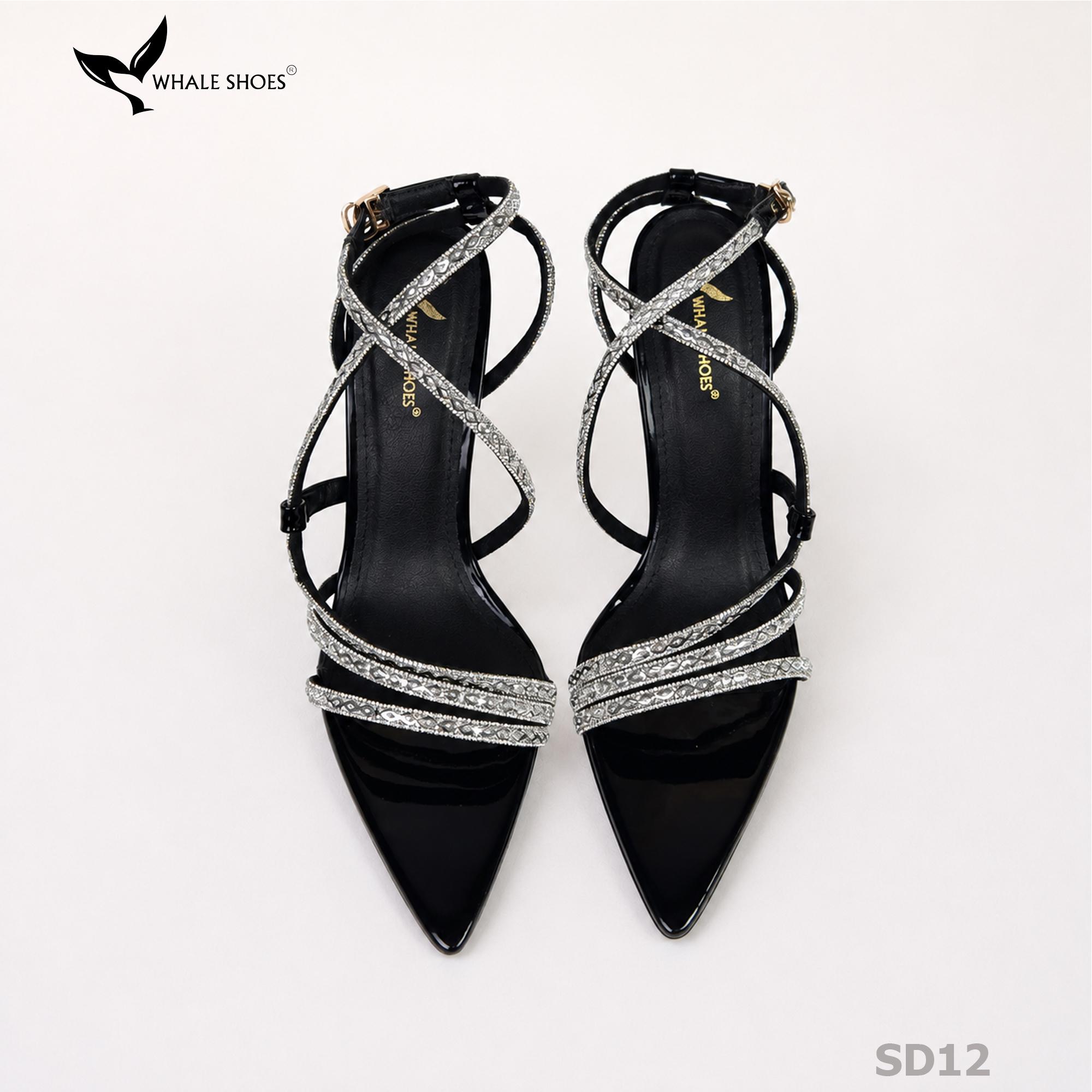 Giày hoa hậu Whale Shoes 11cm mũi nhọn da bóng, dây đính đá, đúp mũi 1cm, đế chống trượt-SD12