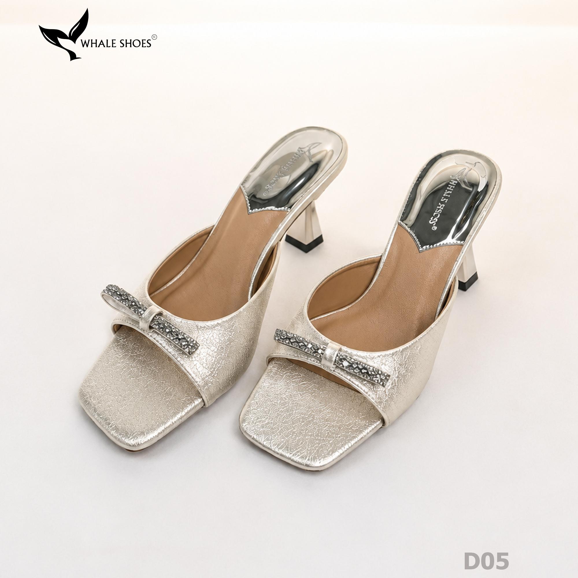 Dép (guốc) nữ Whale Shoes 6cm (tăng size) mũi vuông vân da dưa lưới, nơ đính đá, đế chống trượt-D05