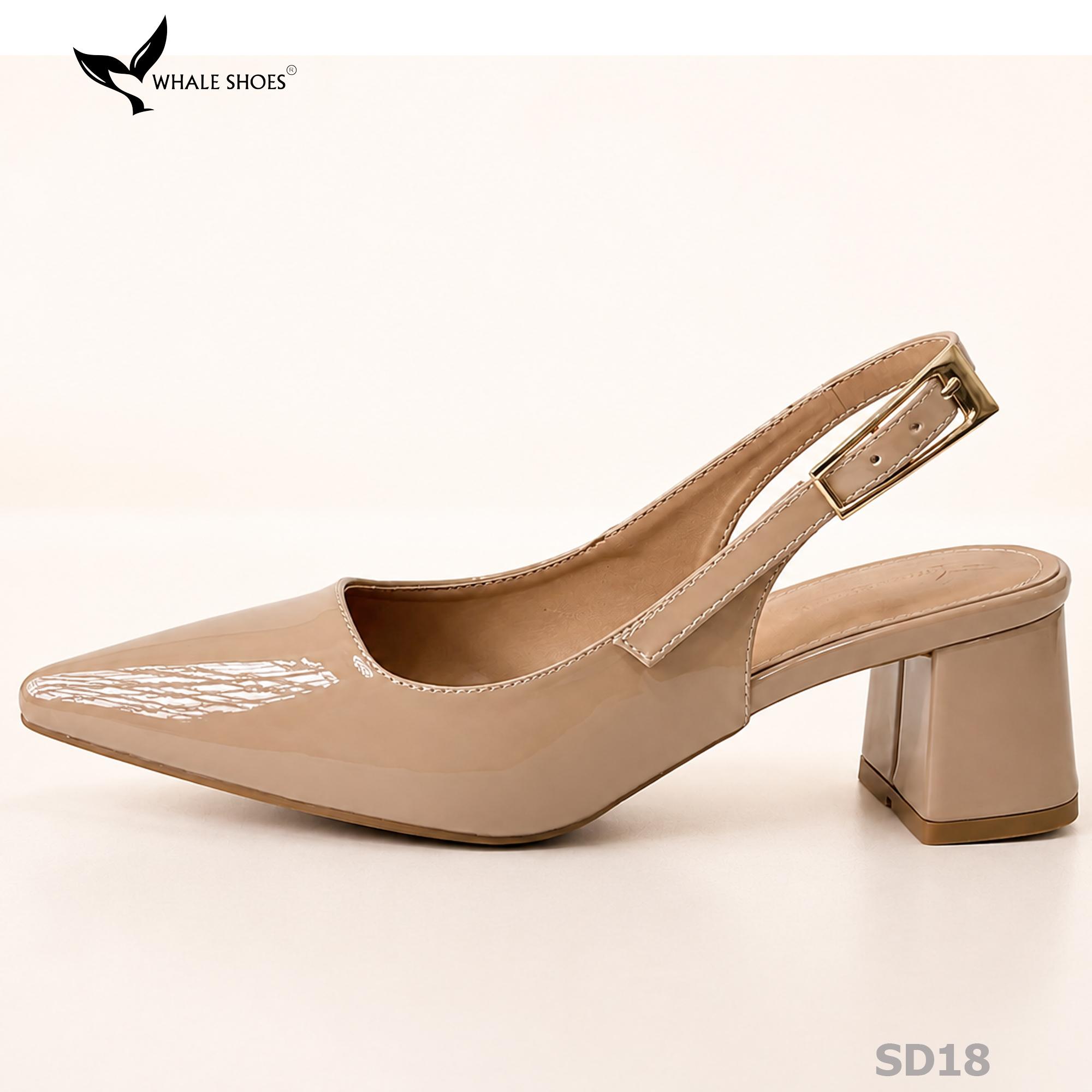 Giày Slingback Whale Shoes 5cm mũi nhọn, gót vuông bọc da, khóa cài hông-SD18