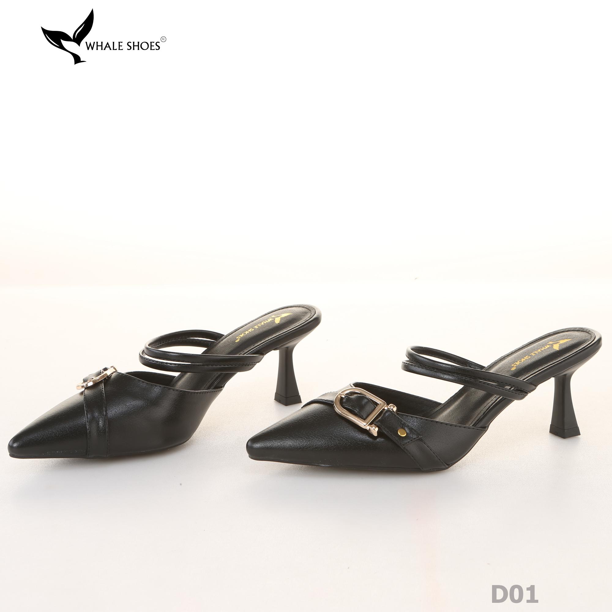Sục cao gót nữ  Whale Shoes 7cm mũi nhọn, đính khóa, êm chân, đế chống trượt-D01