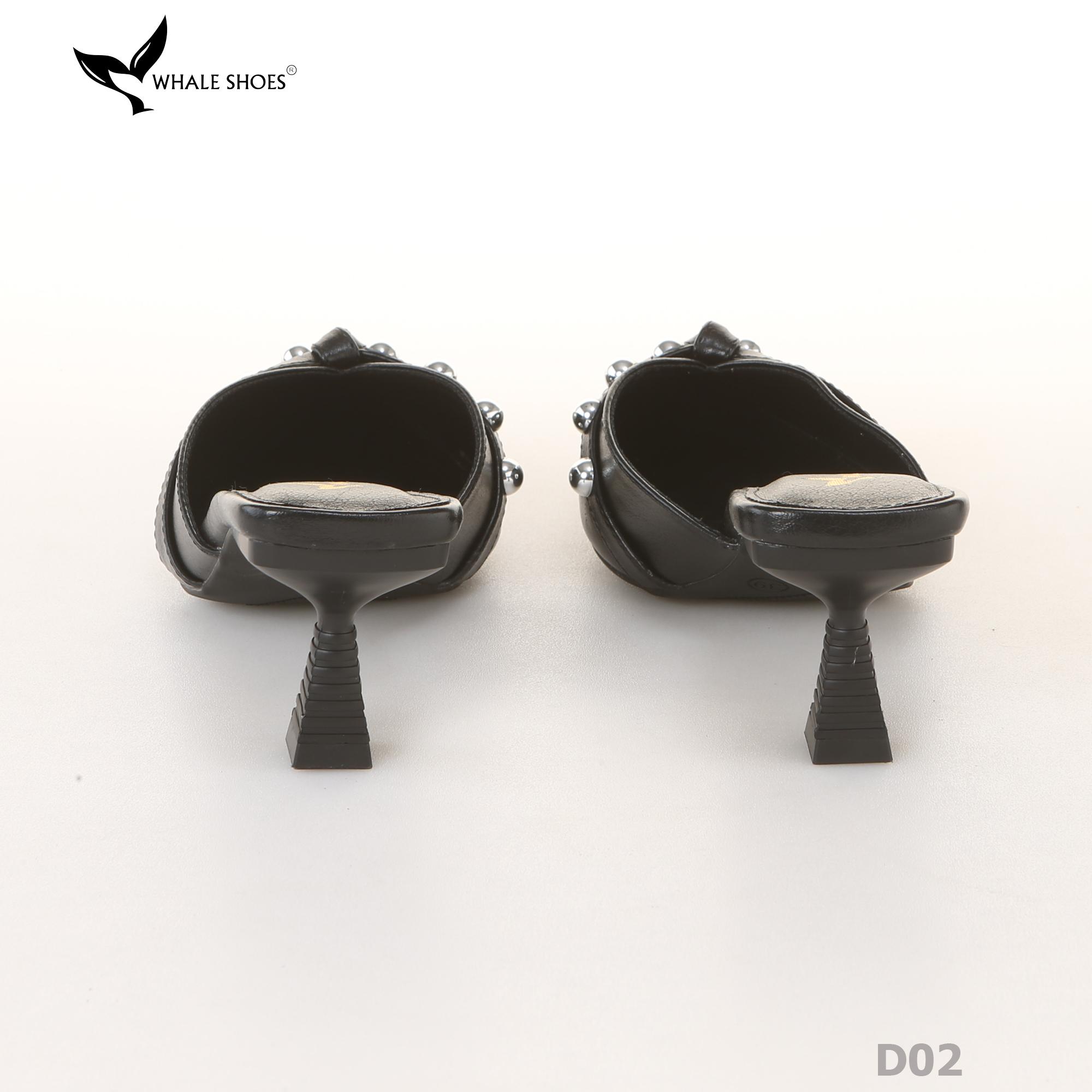 Sục cao gót nữ 6cm Whale Shoes (Tăng size) mũi nhọn cổ tim đen, đính đá, đế chống trượt-D02