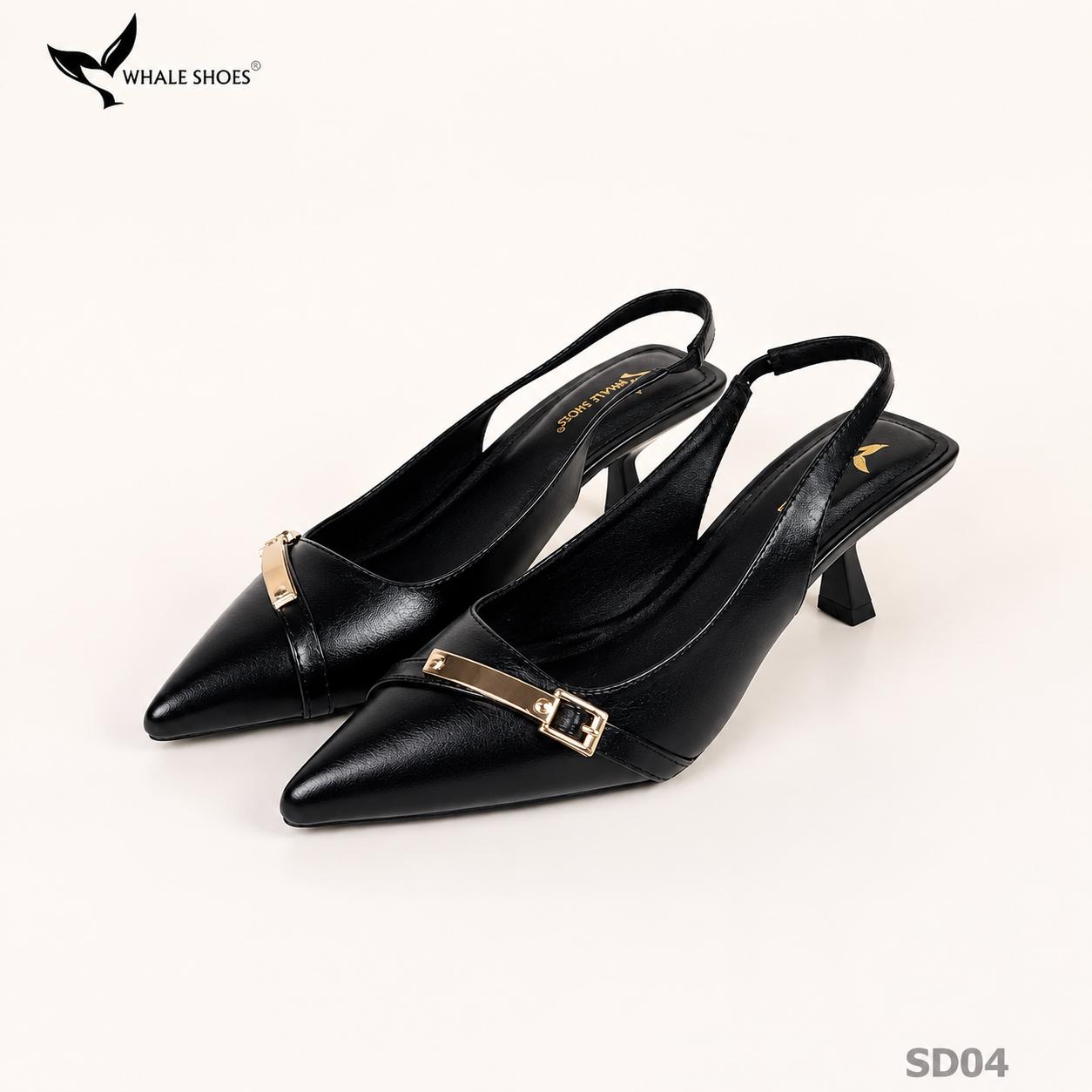 Giày Slingback Whale Shoes 5cm mũi nhọn, hậu vuông da mờ, đính khoá mạ vàng-SD04