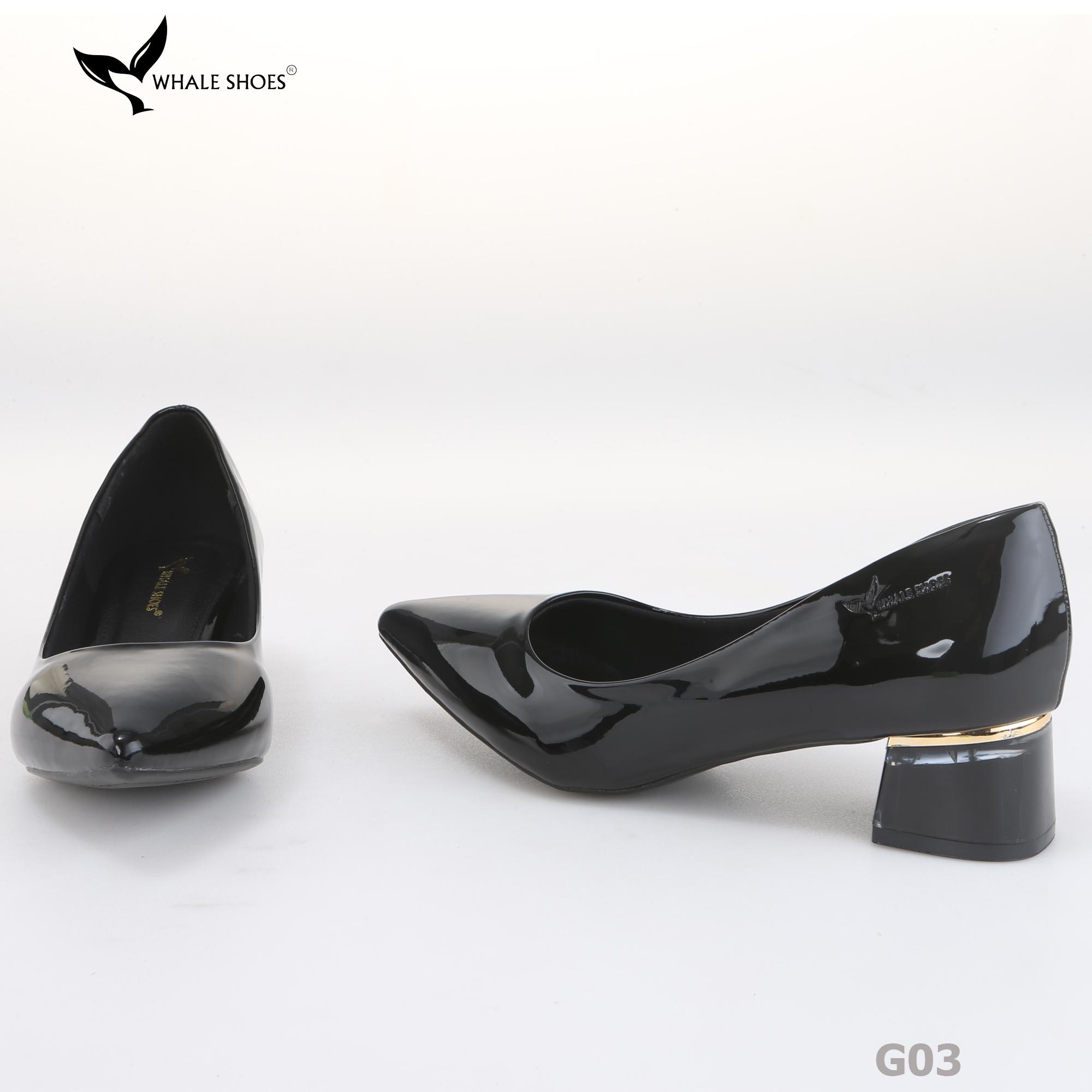 Giày cao gót nữ Whale Shoes 4cm da bóng, gót vuông mica viền vàng mũi nhọn-G03
