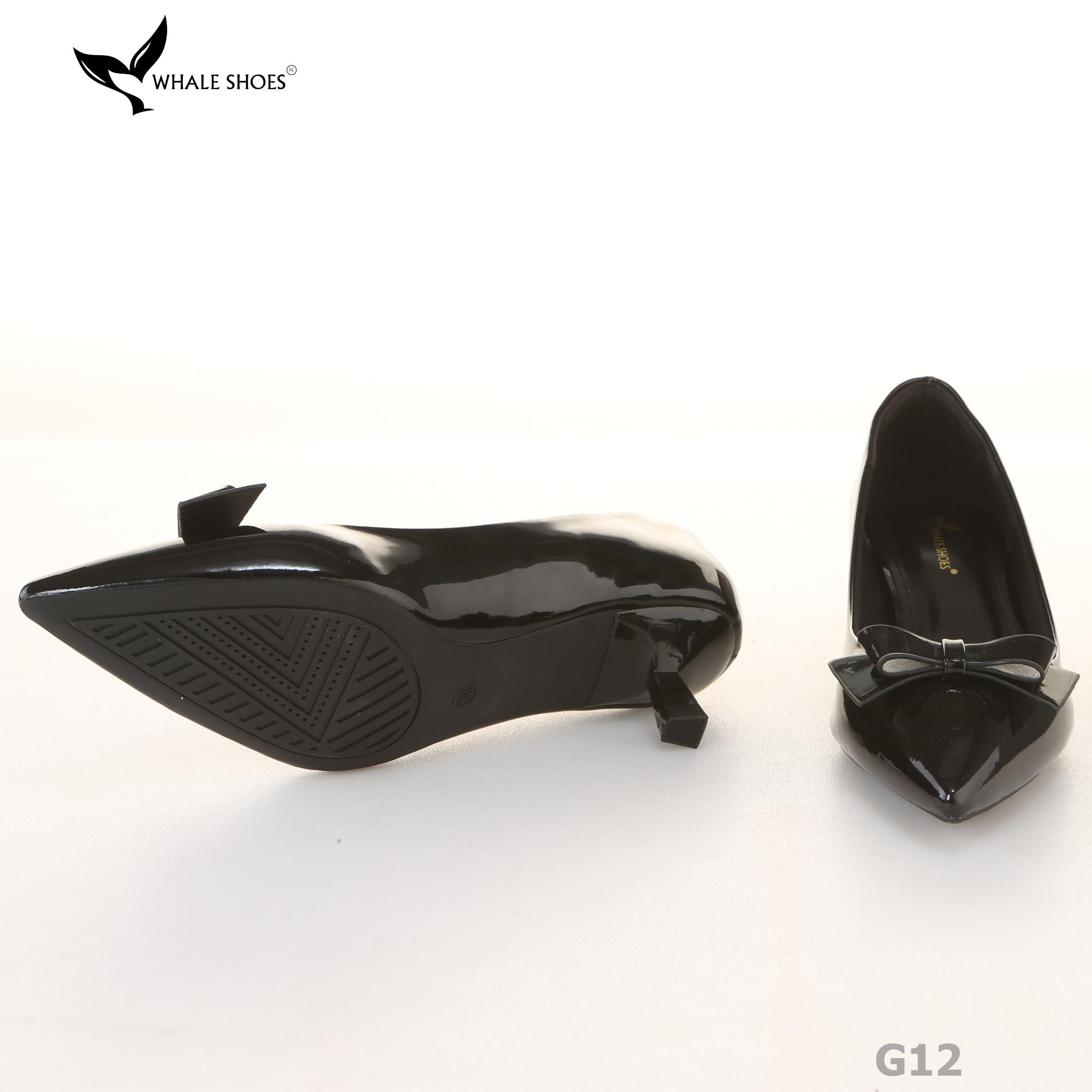 Giày Cao Gót Whale Shoes 4cm, da bóng và da mờ, mũi nhọn đính nơ, lót êm, đế chống trượt-G12