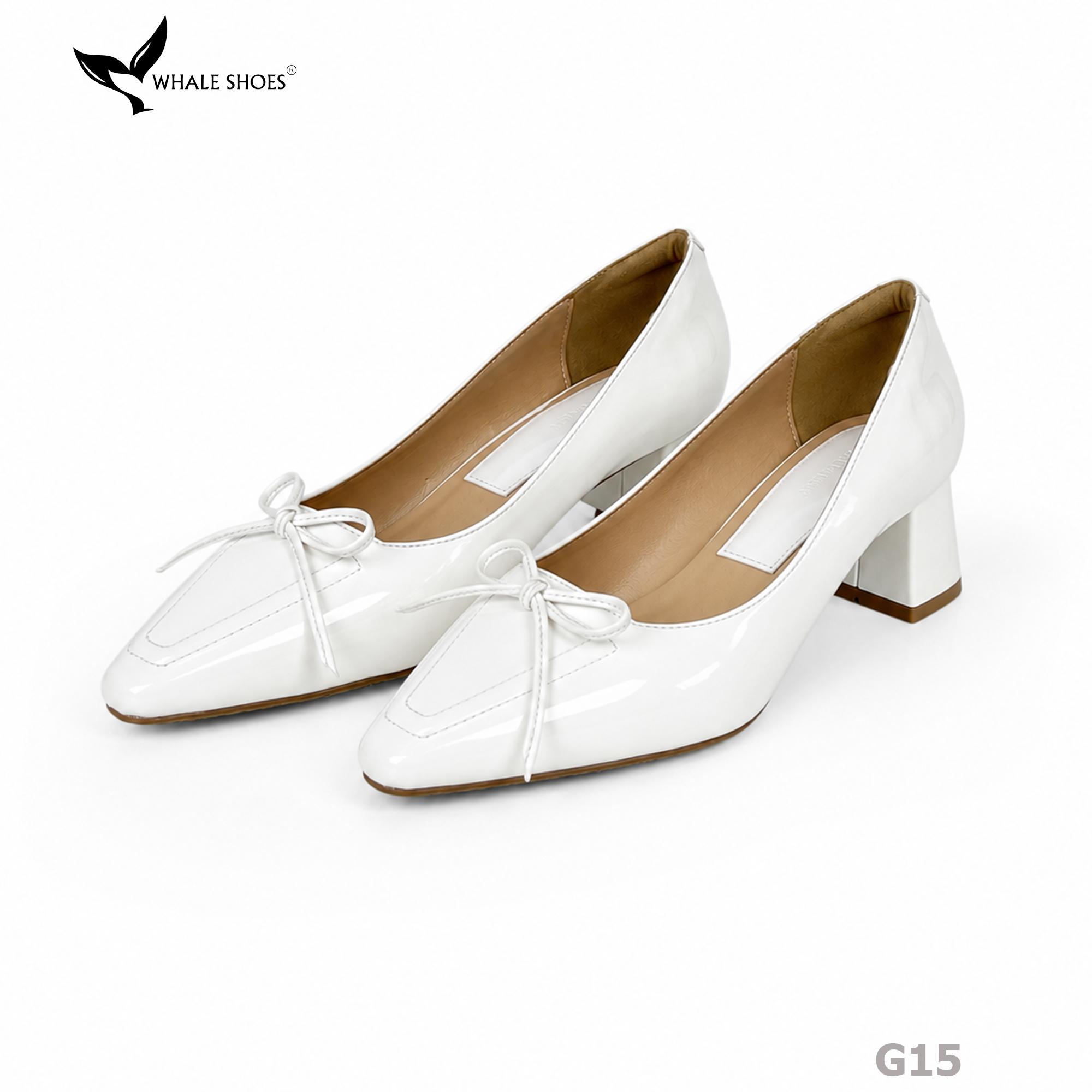 Giày Cao Gót Mũi Vuông Whaleshoes 5cm Da Bóng Đính Nơ Lót Êm Đế Chống Trơn Trượt-G15