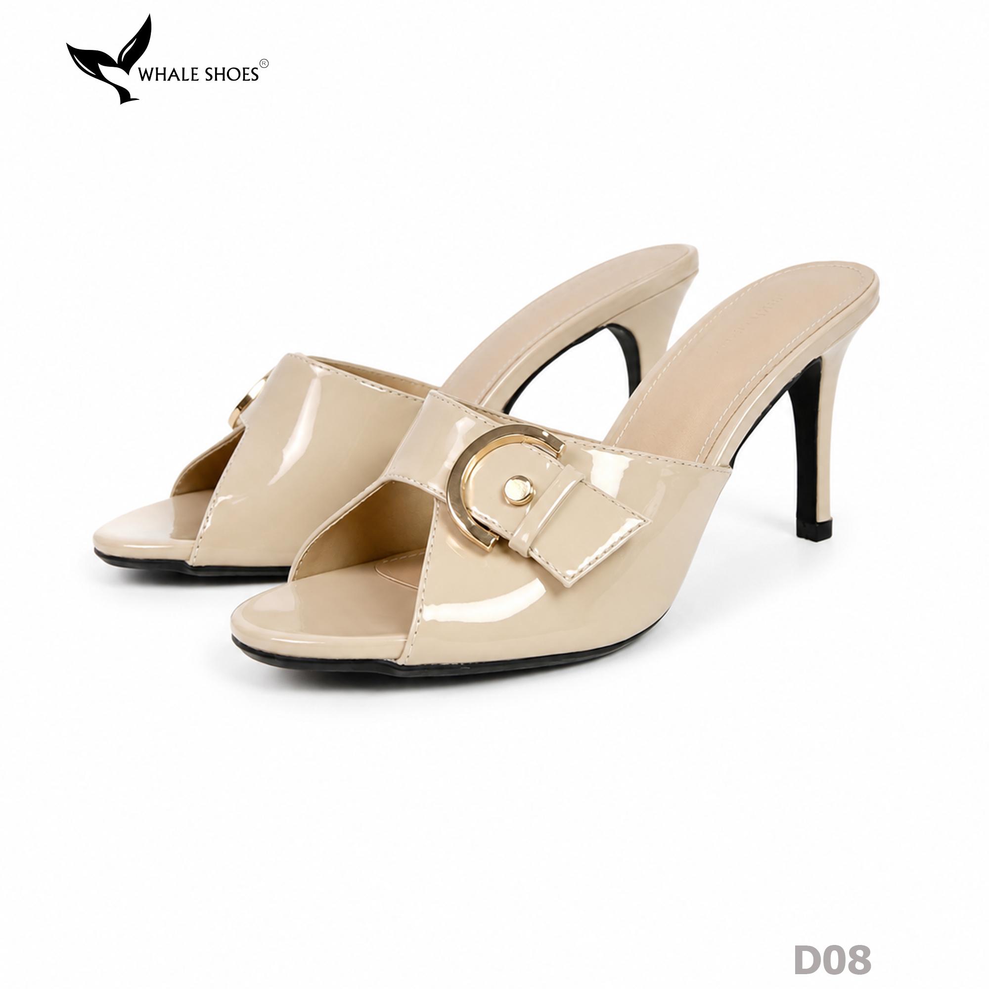 (Tăng size) Dép cao gót Whale Shoes 8,5cm mũi tròn, đính khóa thanh lịch, đế chống trượt-D08