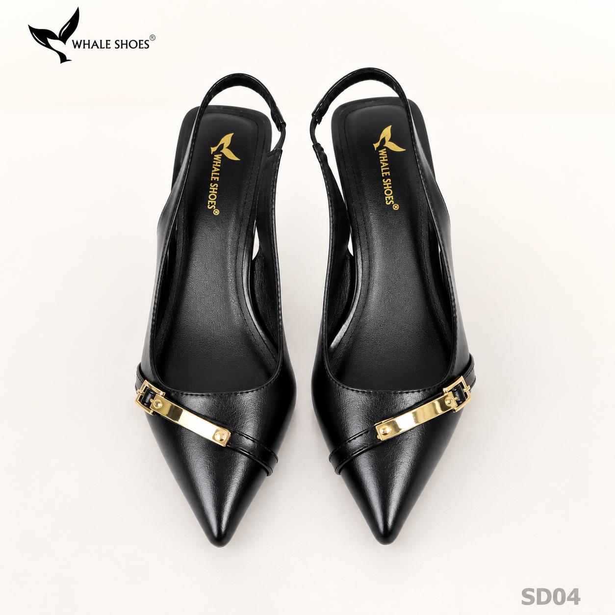 Giày Slingback Whale Shoes 5cm mũi nhọn, hậu vuông da mờ, đính khoá mạ vàng-SD04