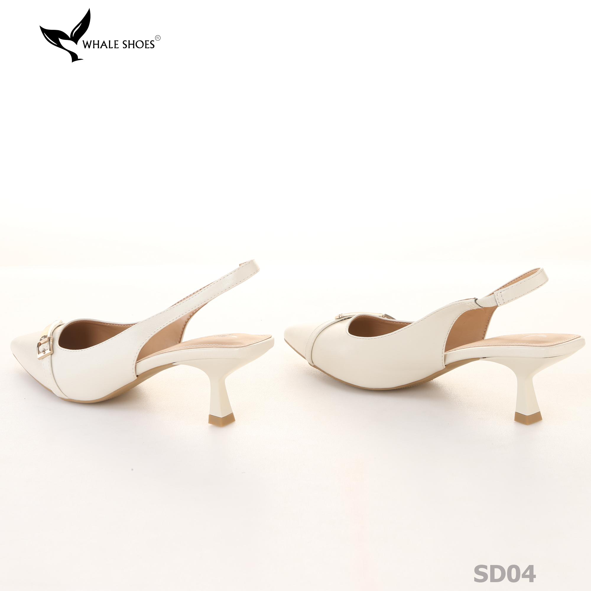 Giày Slingback Whale Shoes 5cm mũi nhọn, hậu vuông da mờ, đính khoá mạ vàng-SD04