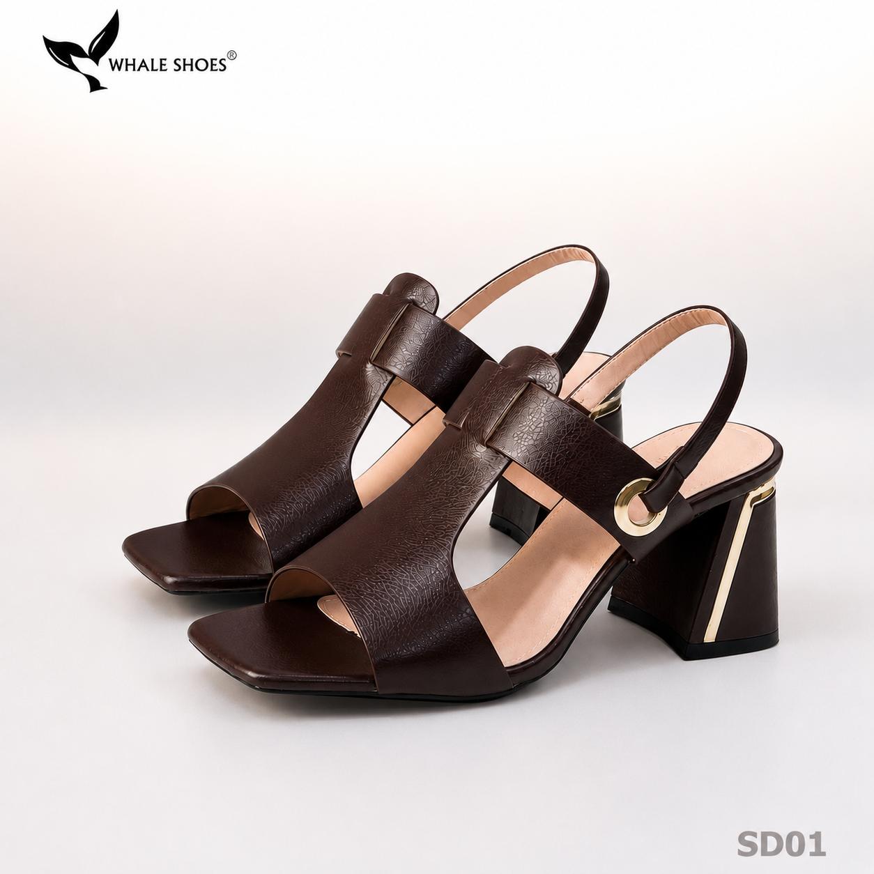 Giày Sandal nữ Whale Shoes 7cm, mũi vuông 7cm sơn vân da, viền mạ vàng, đế chống trượt-SD01