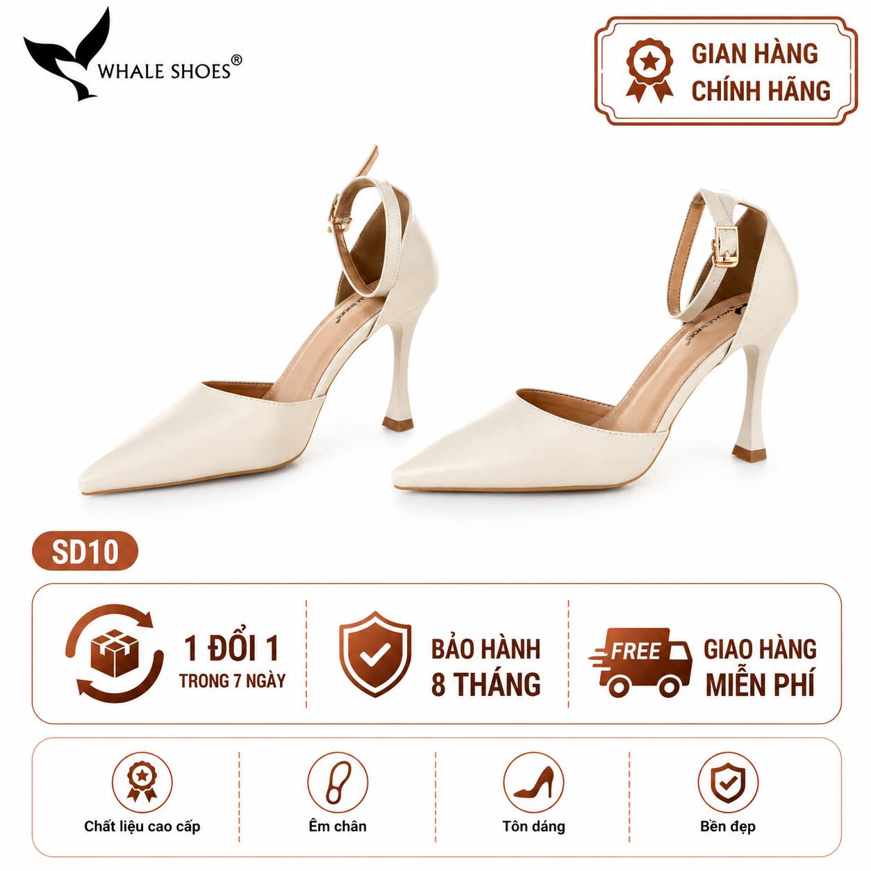 Giày cao gót nữ Whale Shoes mũi nhọn 9cm có dây quai hậu, da mềm êm chân, đế chống trơn trượt-SD10