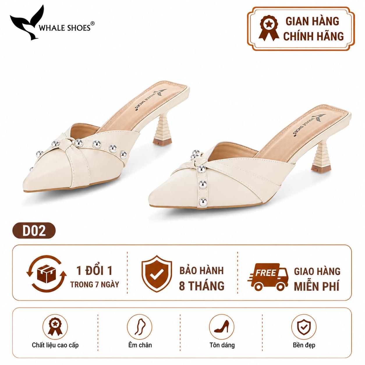 Sục cao gót nữ 6cm Whale Shoes (Tăng size) mũi nhọn cổ tim đen, đính đá, đế chống trượt-D02