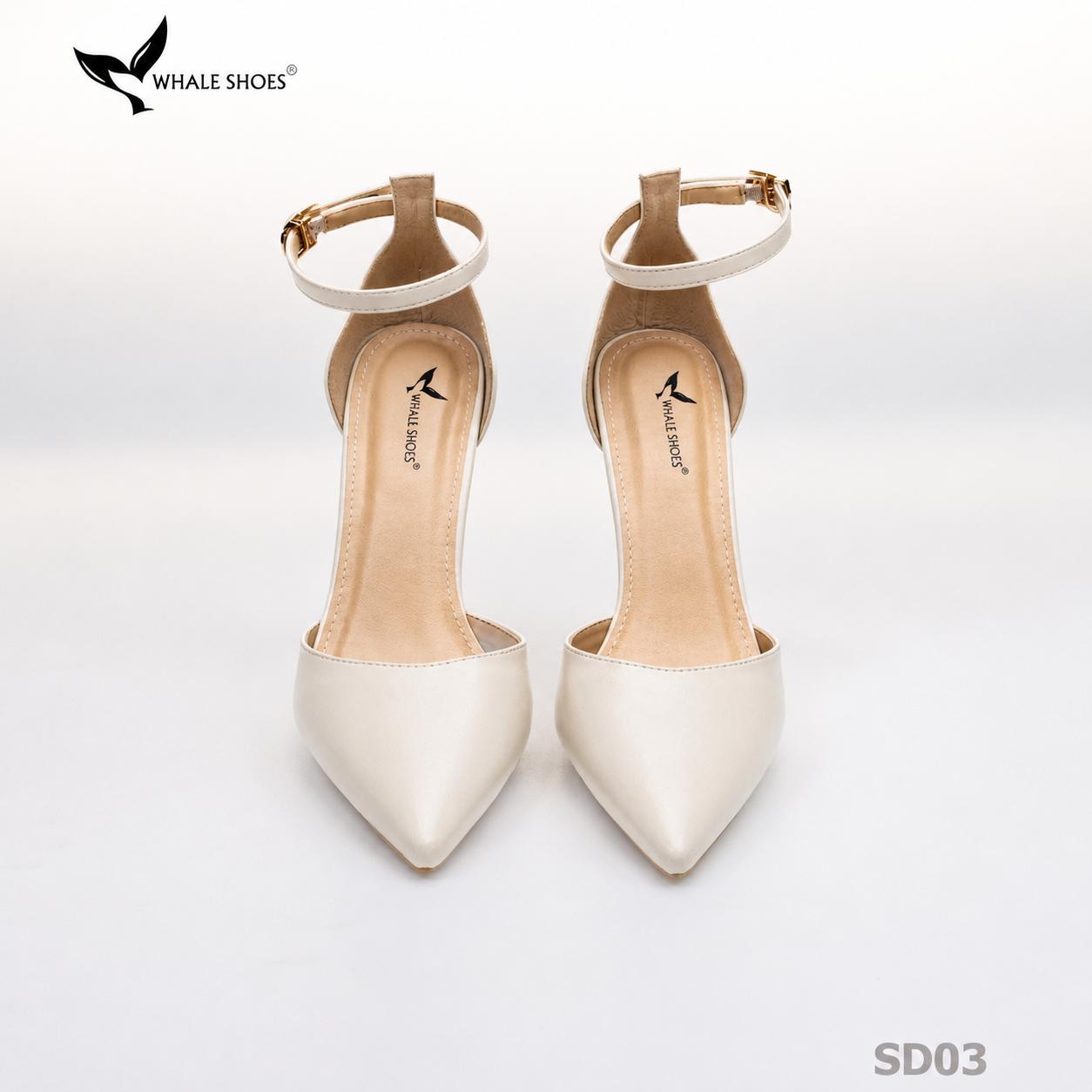 Giày cao gót Whale Shoes mũi nhọn 8cm có dây quai hậu, da mềm êm chân, đế chống trượt-SD03
