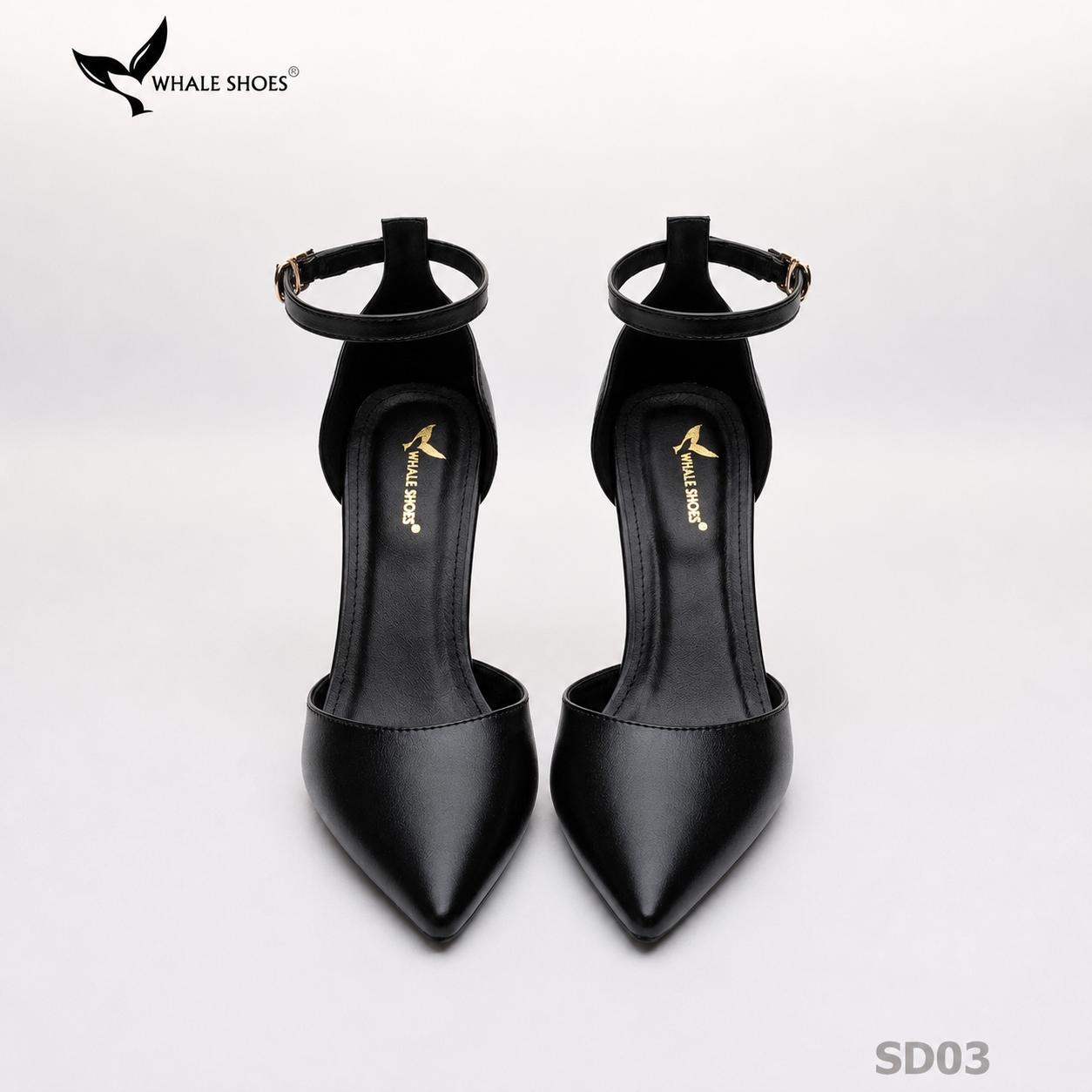 Giày cao gót Whale Shoes mũi nhọn 8cm có dây quai hậu, da mềm êm chân, đế chống trượt-SD03