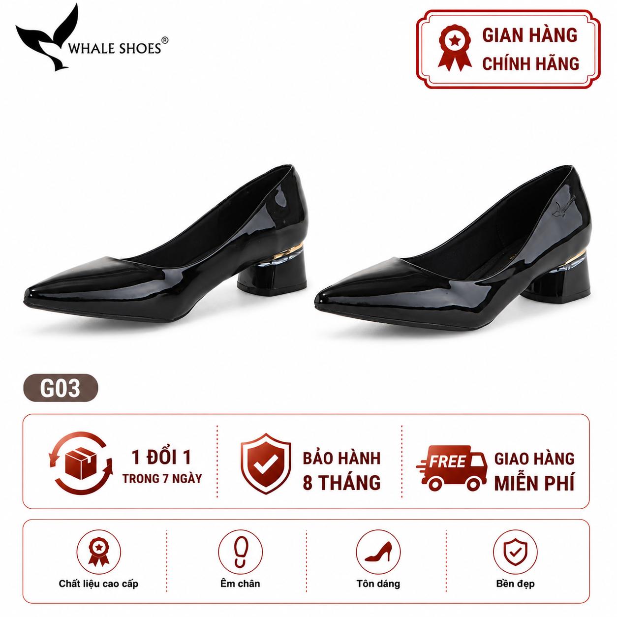 Giày cao gót nữ Whale Shoes 4cm da bóng, gót vuông mica viền vàng mũi nhọn-G03