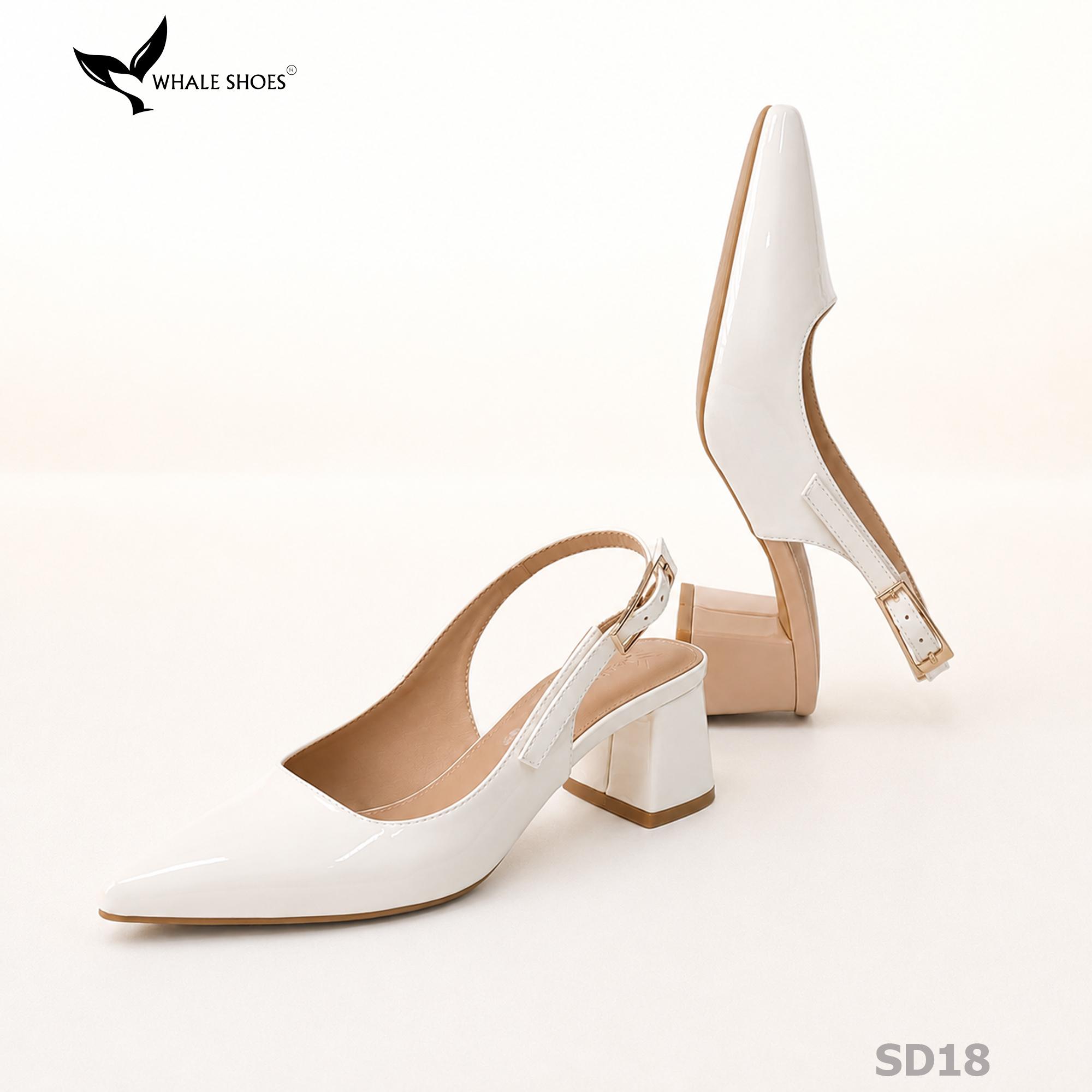 Giày Slingback Whale Shoes 5cm mũi nhọn, gót vuông bọc da, khóa cài hông-SD18