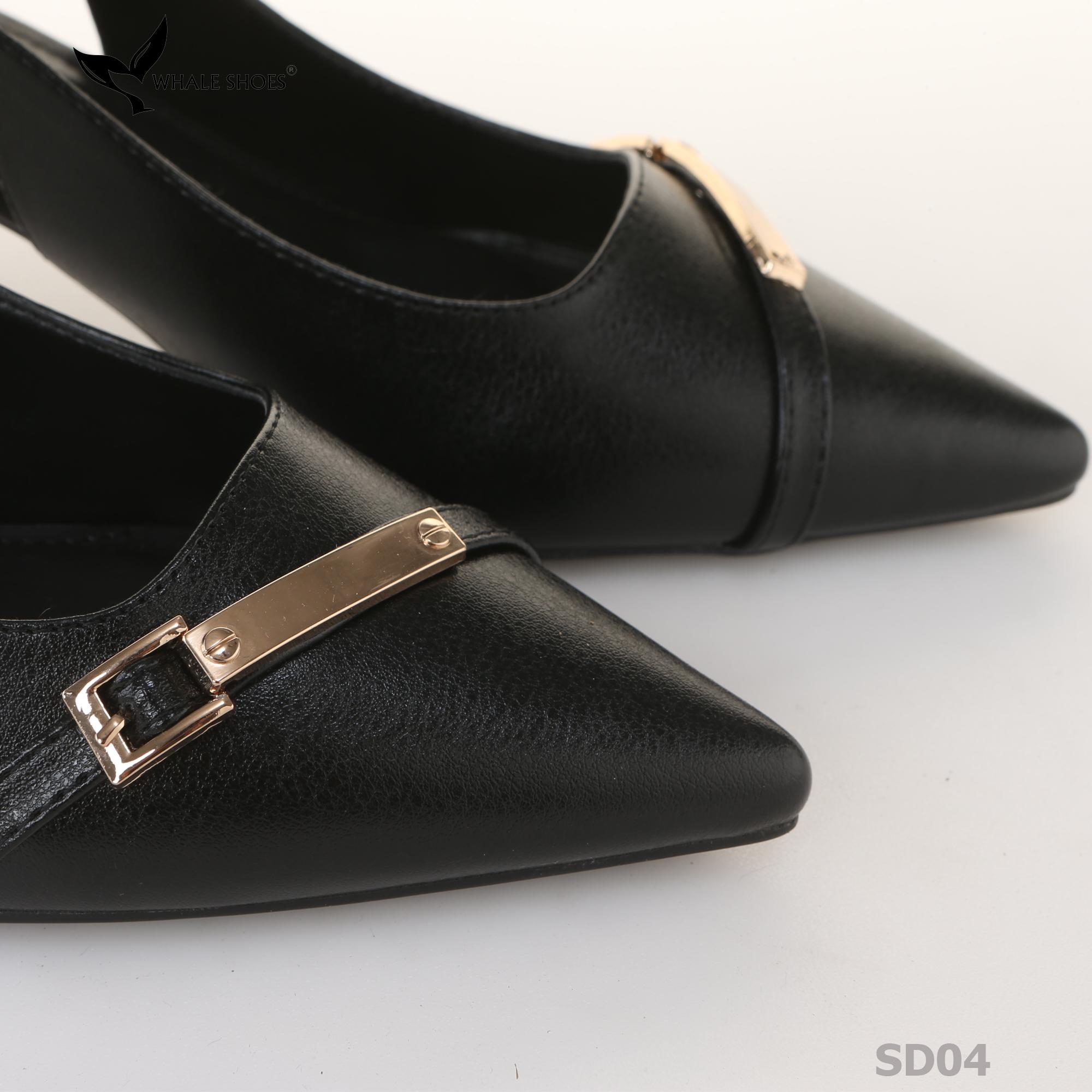 Giày Slingback Whale Shoes 5cm mũi nhọn, hậu vuông da mờ, đính khoá mạ vàng-SD04