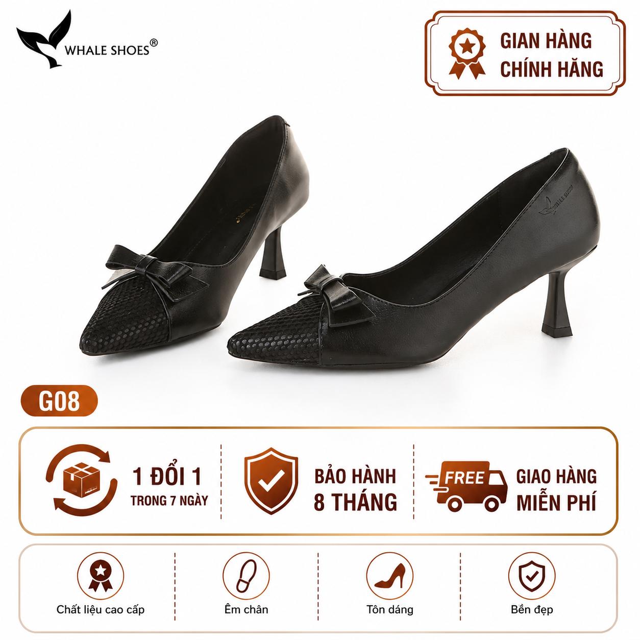 Giày cao gót bít mũi Whale Shoes 6cm, họa tiết lưới nơ, da mờ, lót êm, đế chống trượt-G08