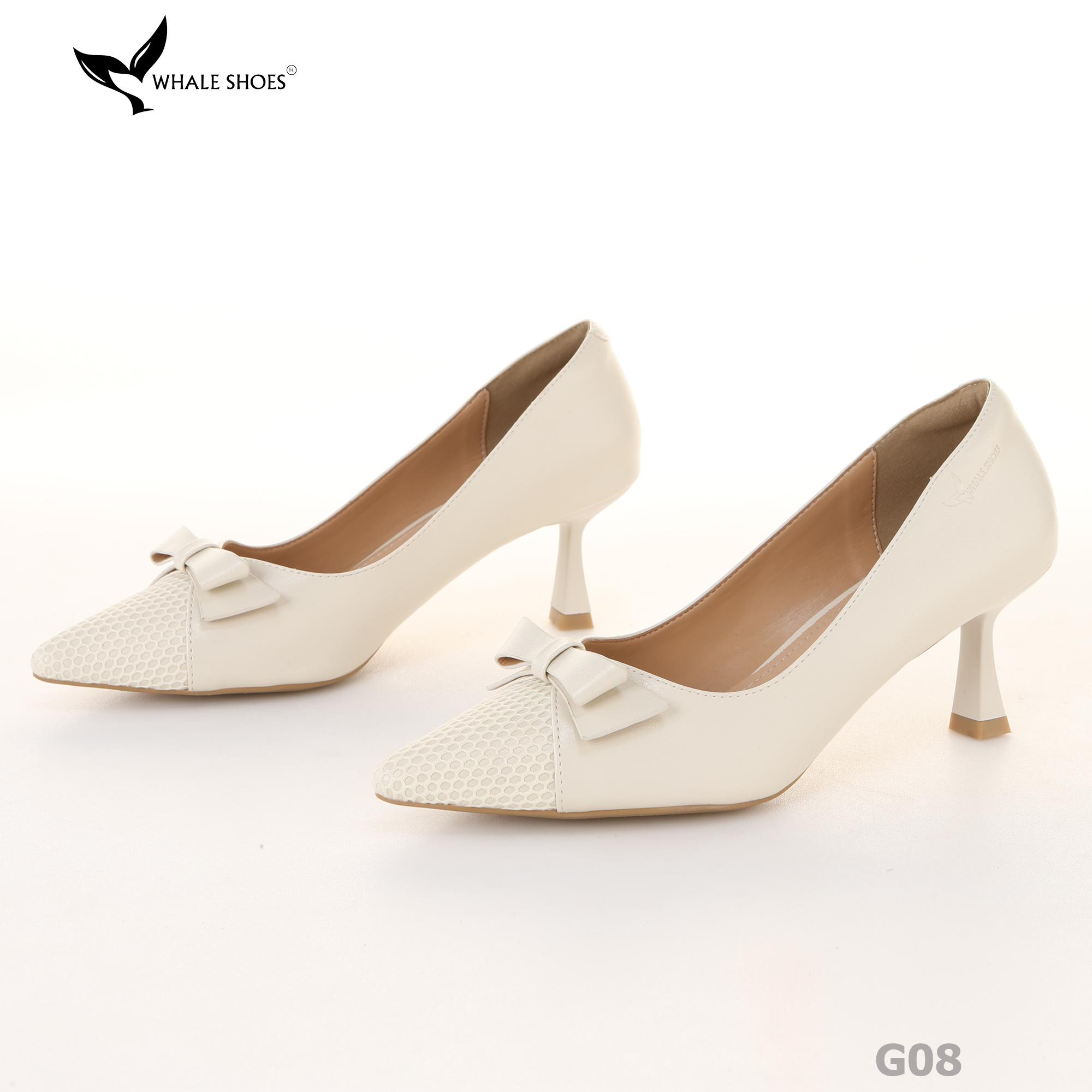 Giày cao gót bít mũi Whale Shoes 6cm, họa tiết lưới nơ, da mờ, lót êm, đế chống trượt-G08