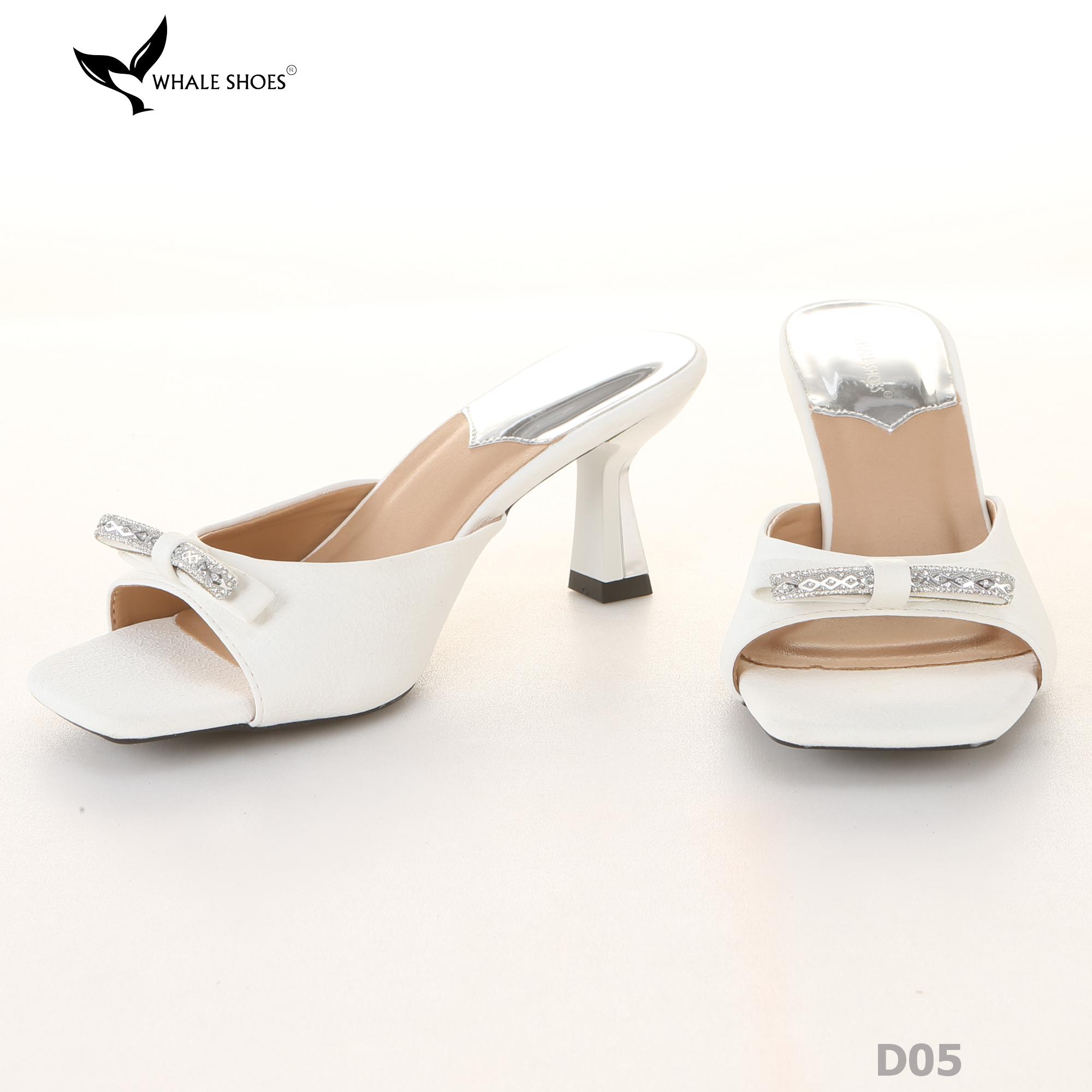 Dép (guốc) nữ Whale Shoes 6cm (tăng size) mũi vuông vân da dưa lưới, nơ đính đá, đế chống trượt-D05
