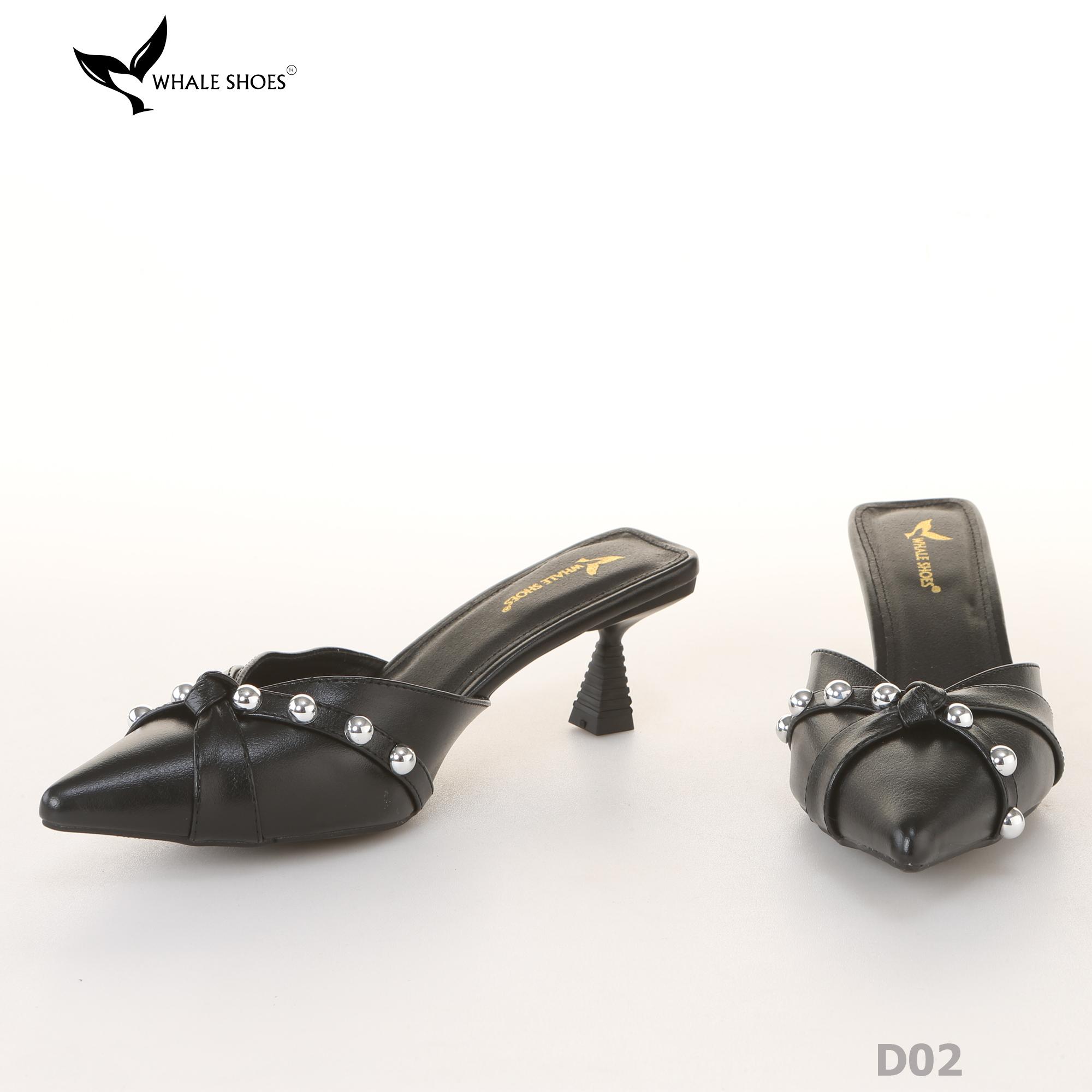 Sục cao gót nữ 6cm Whale Shoes (Tăng size) mũi nhọn cổ tim đen, đính đá, đế chống trượt-D02