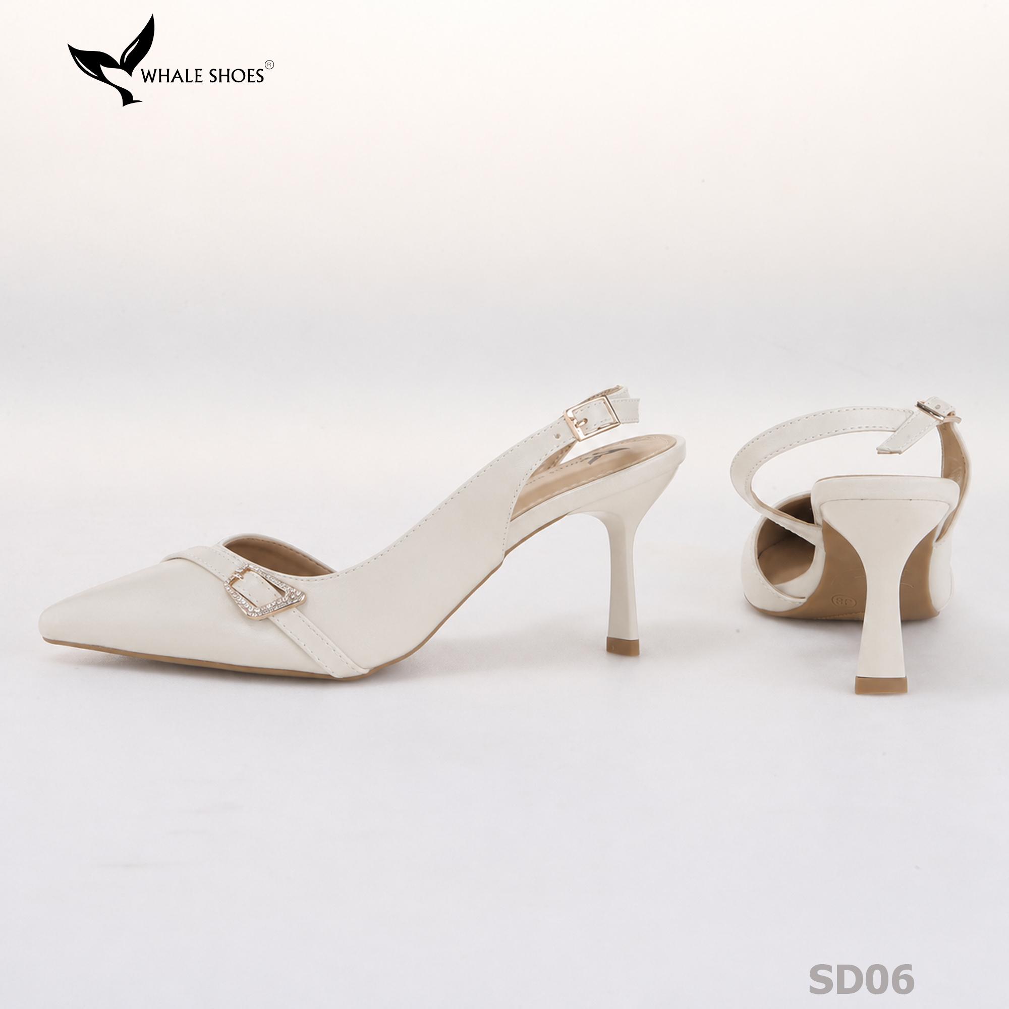 Giày cao gót Whale Shoes 7cm, mũi nhọn cổ tim, khoét eo da mờ, khoá đính đá, đế chống trượt-SD06