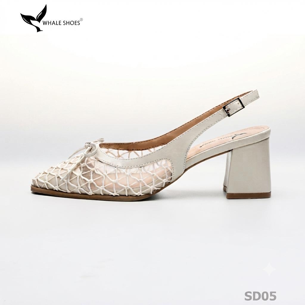 Giày slingback Whale Shoes mũi vuông da mờ phối  lưới, đính nơ, gót trụ bọc da, đế chống trượt-SD05