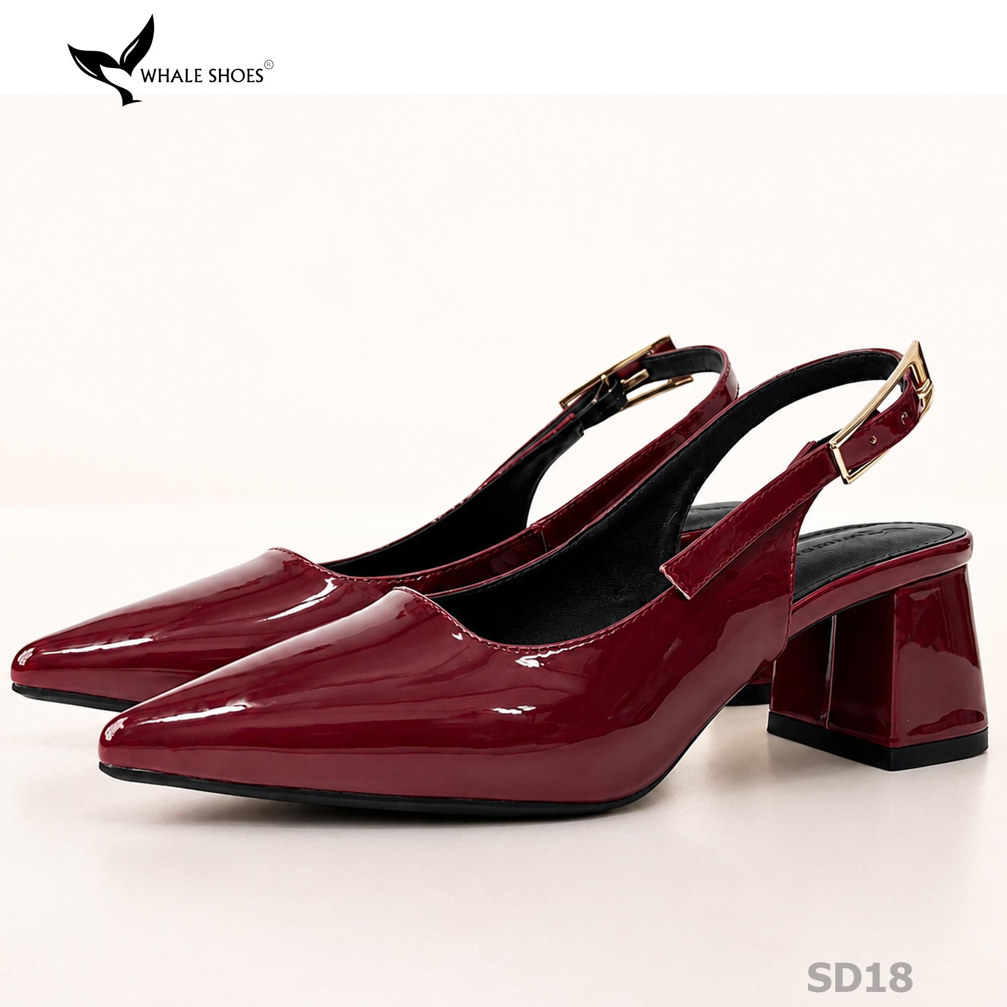 Giày Slingback Whale Shoes 5cm mũi nhọn, gót vuông bọc da, khóa cài hông-SD18