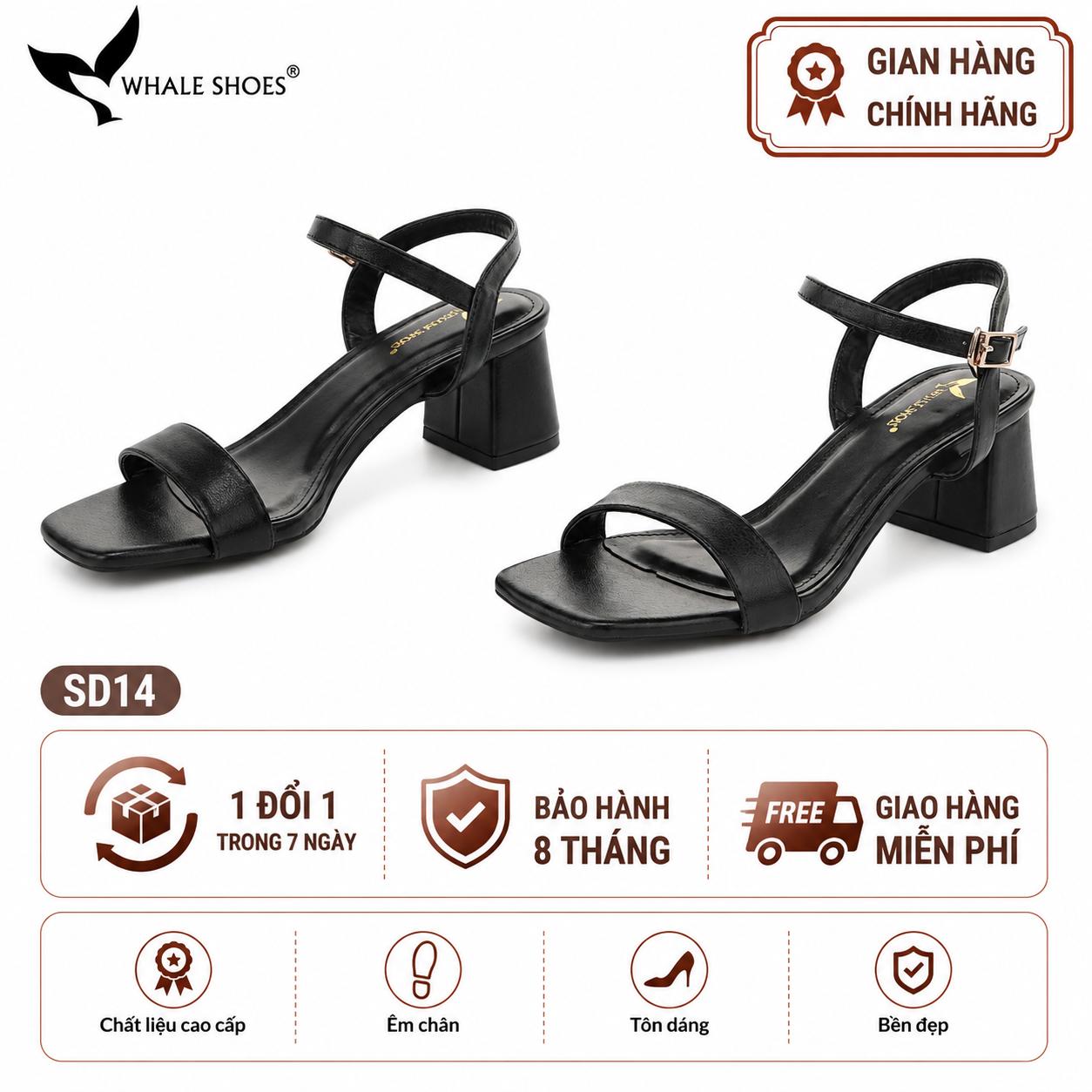 Giày sandal nữ Whale Shoes gót 5cm mũi vuông, quai ngang basic da mờ, đế chống trượt-SD14