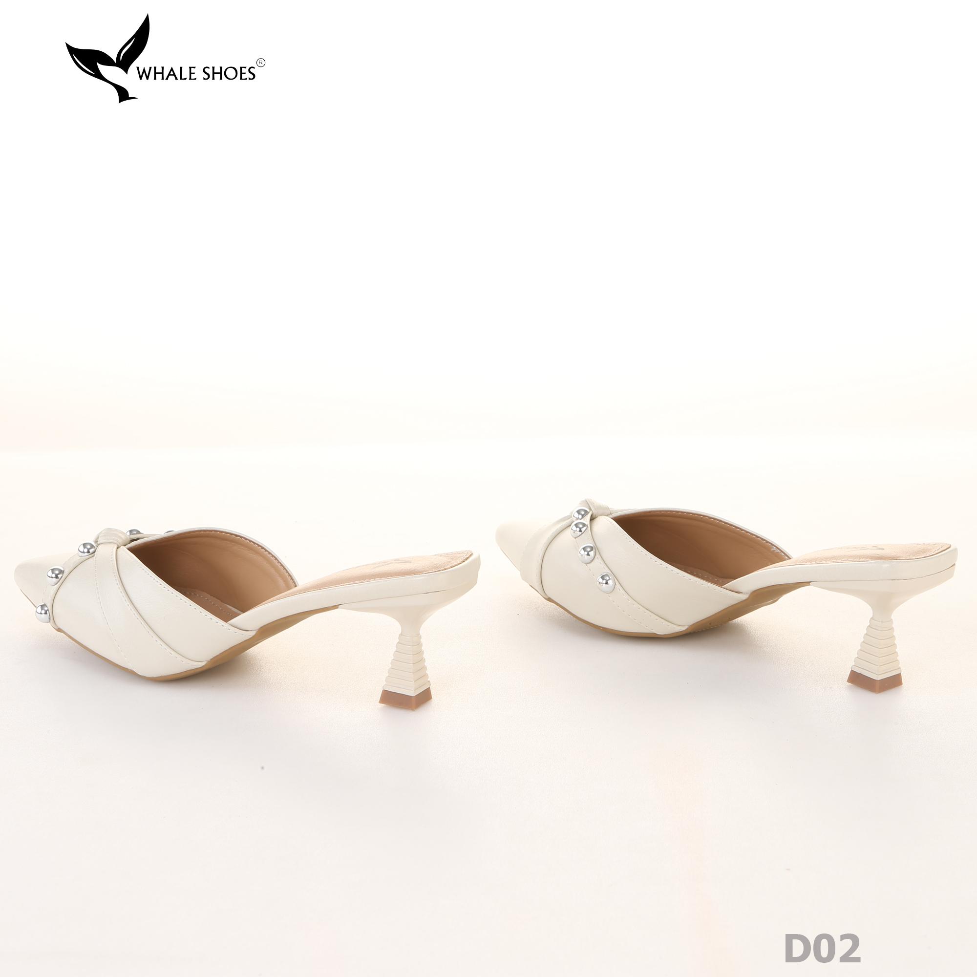 Sục cao gót nữ 6cm Whale Shoes (Tăng size) mũi nhọn cổ tim đen, đính đá, đế chống trượt-D02