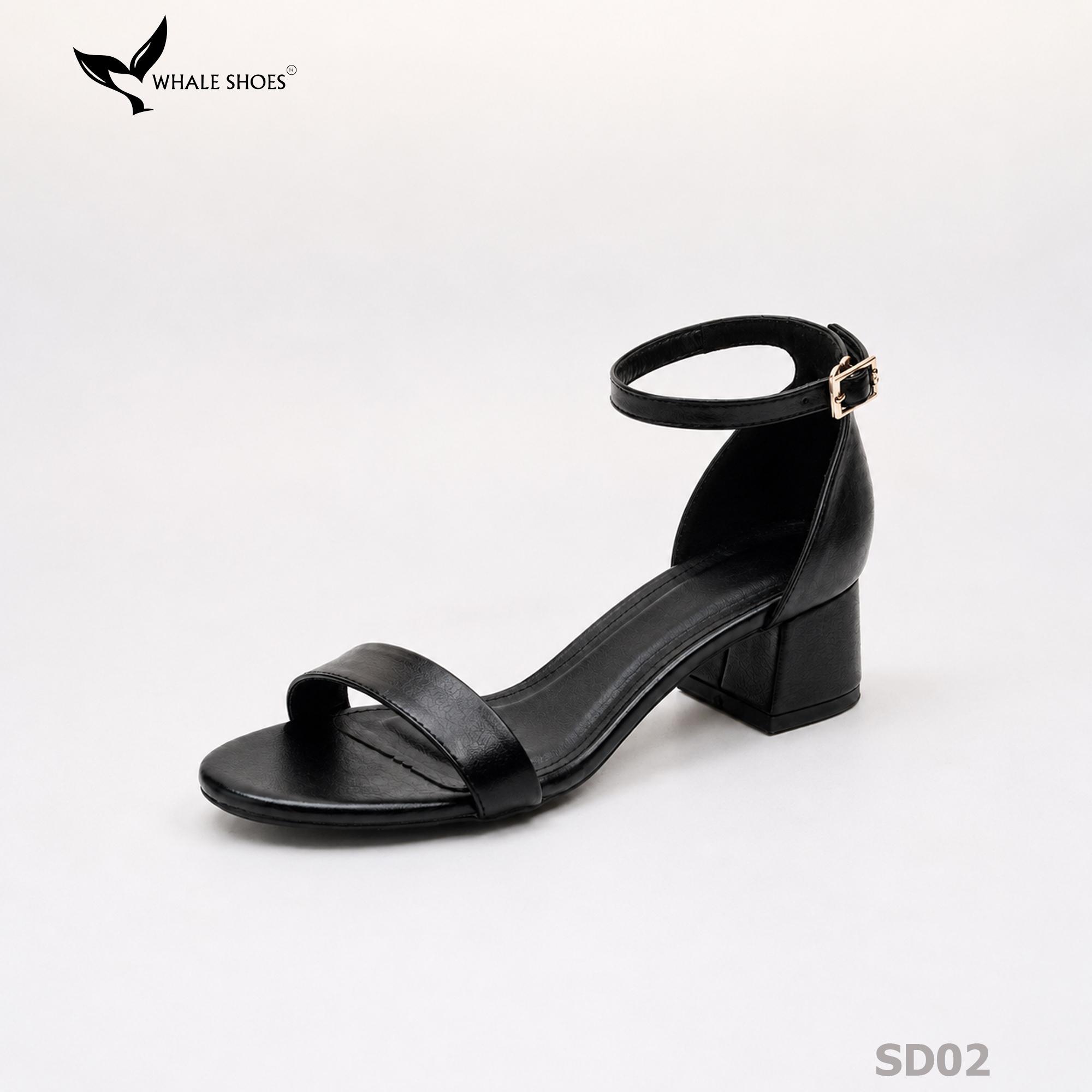 Giày Sandal nữ Whale Shoes mũi tròn gót vuông 4cm bản ngang, da mềm êm chân, đế chống trượt-SD02