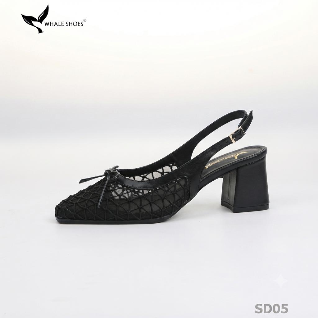 Giày slingback Whale Shoes mũi vuông da mờ phối  lưới, đính nơ, gót trụ bọc da, đế chống trượt-SD05