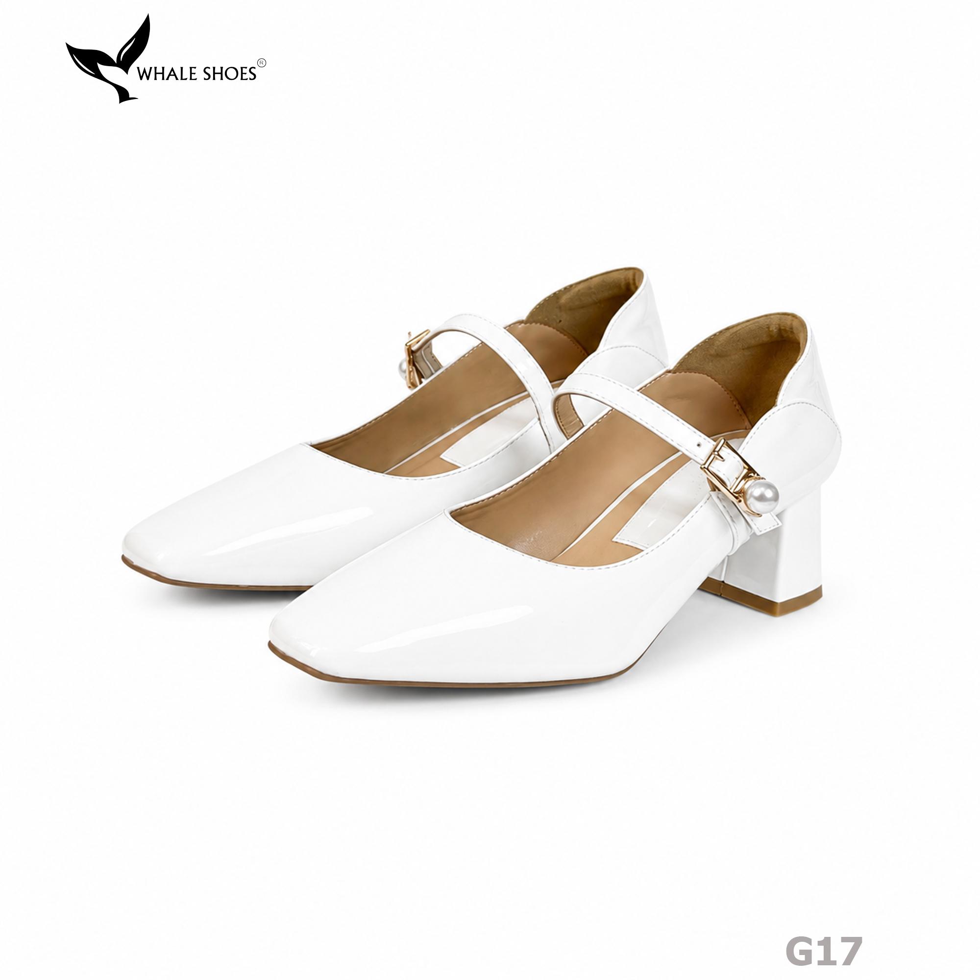 Giày Cao Gót Bít Mũi Whale Shoes 5cm Da Bóng quai đính khóa ngọc trai, Lót Êm, Đế Chống Trượt-G17