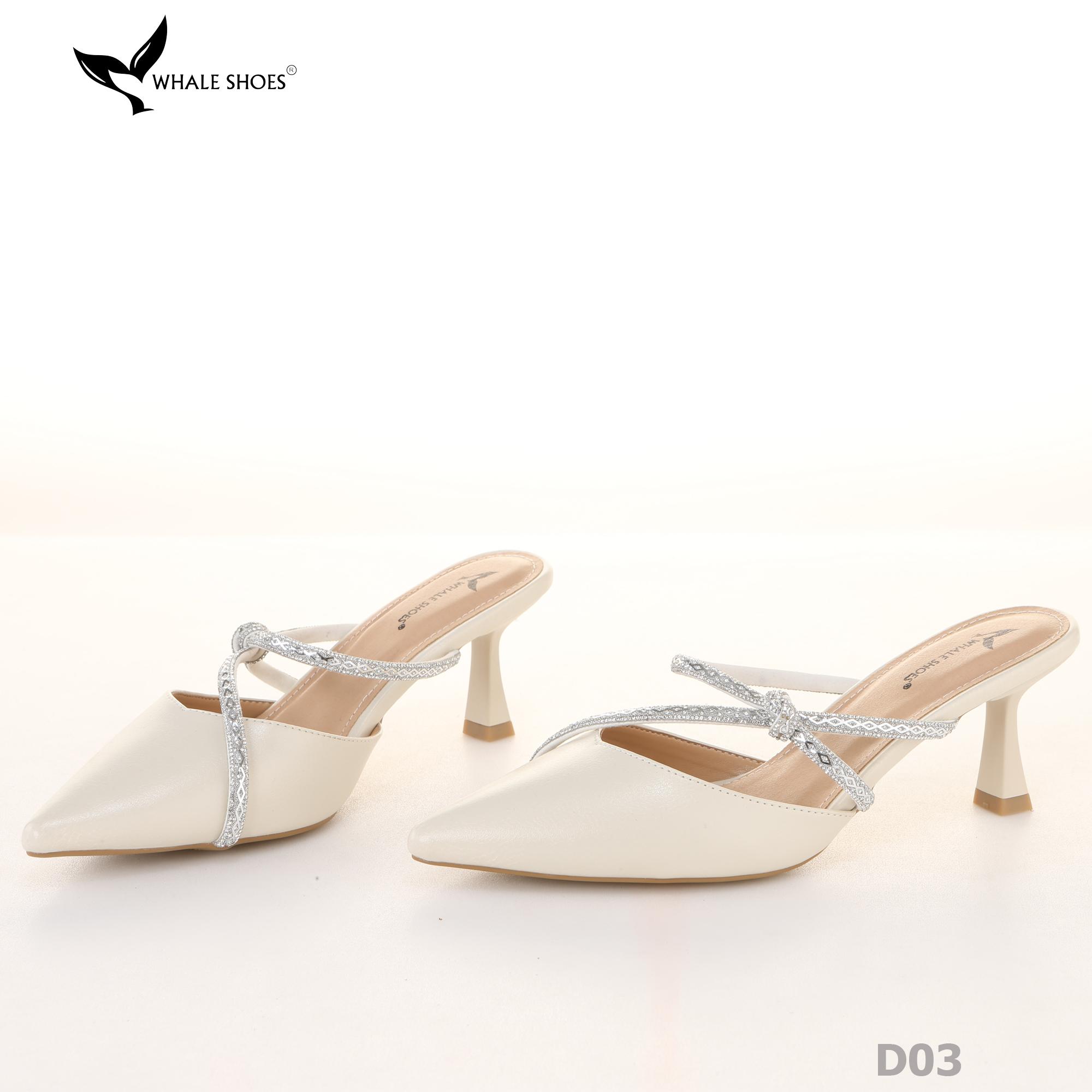 Sục cao gót nữ Whale Shoes (tăng size) 7cm mũi nhọn, cổ tim, dây đính đá, đế chống trượt-D03