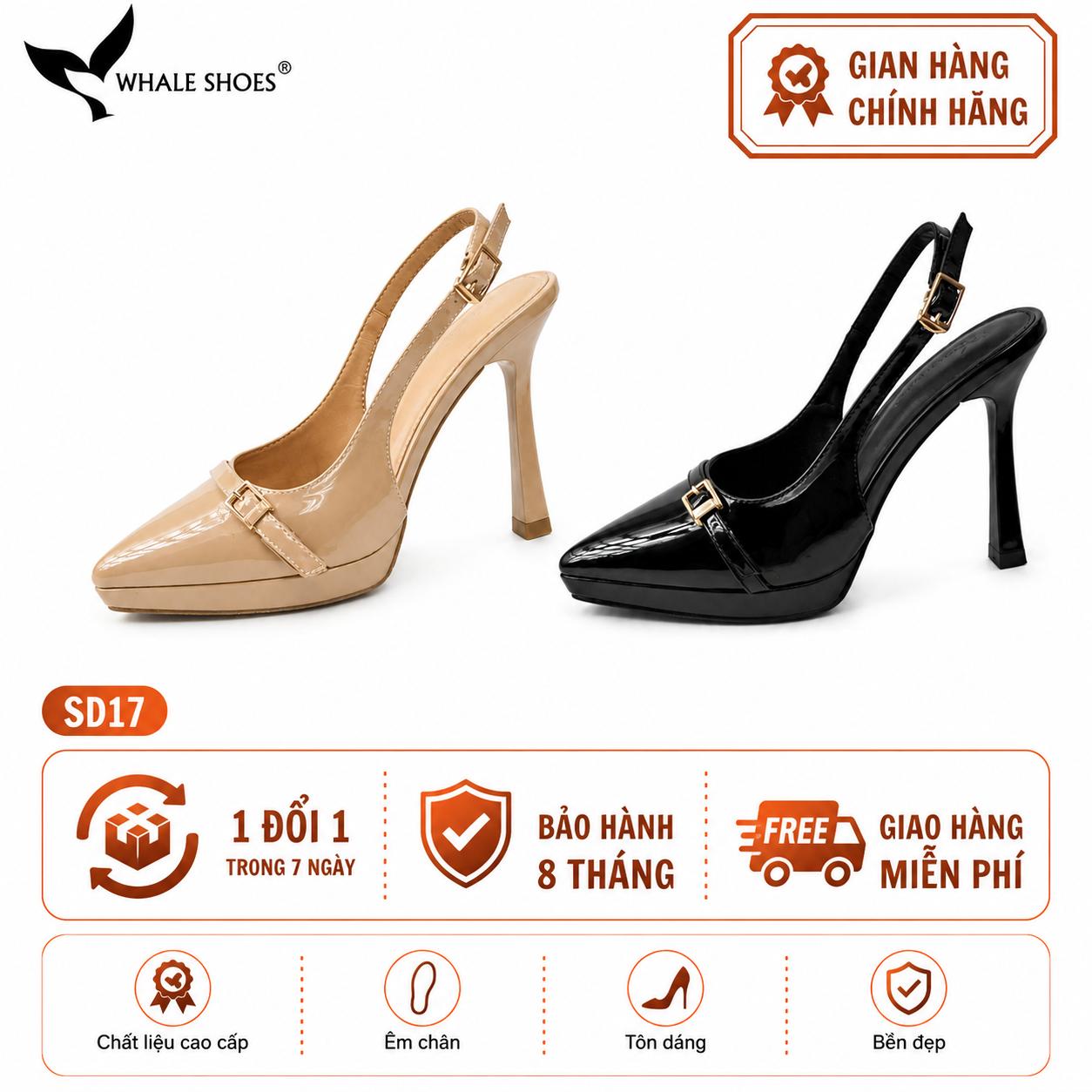 Giày Slingback Whale Shoes gót 10cm đúp mũi 1cm, khóa cài trang trí vàng Gold, đế chống trượt-SD17