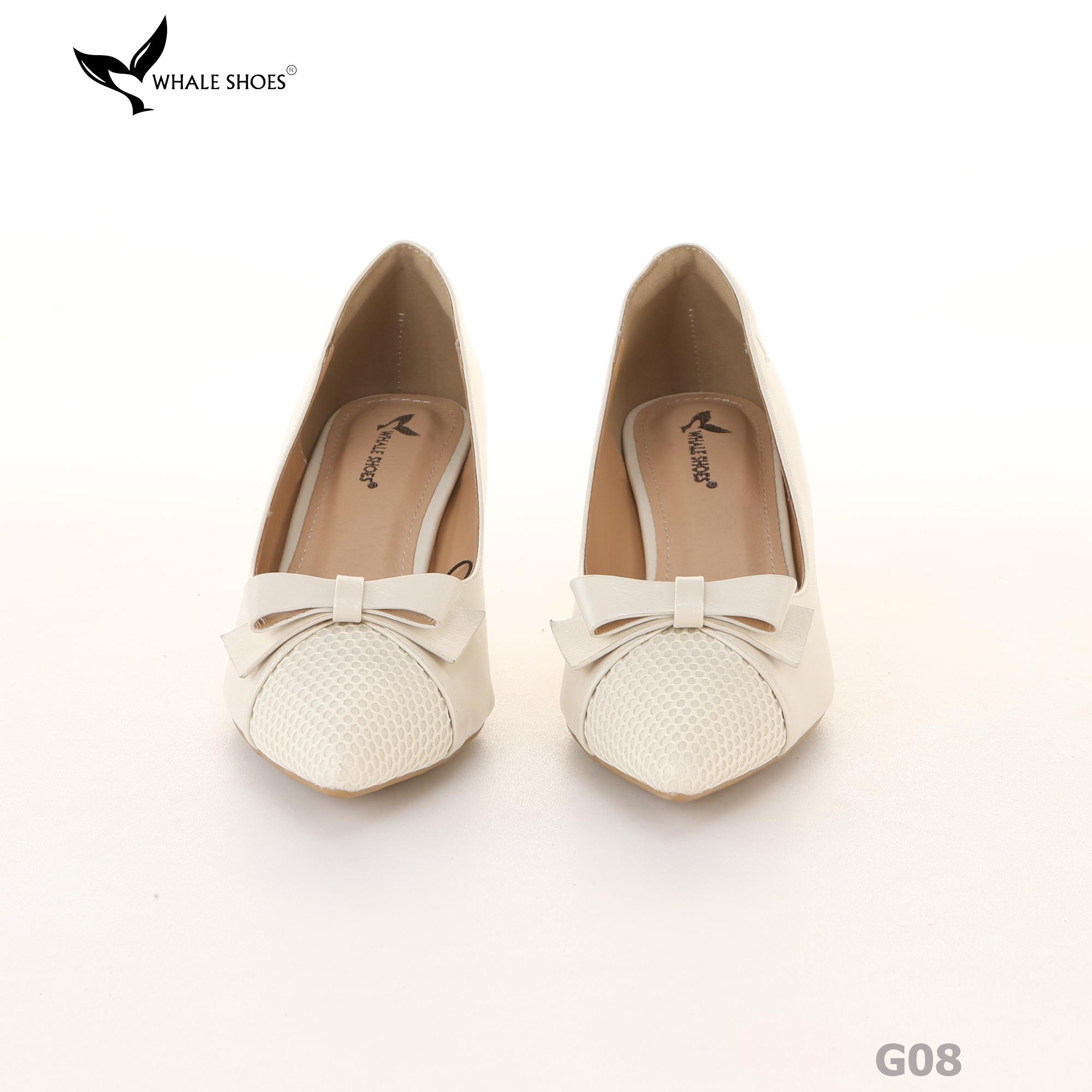 Giày cao gót bít mũi Whale Shoes 6cm, họa tiết lưới nơ, da mờ, lót êm, đế chống trượt-G08