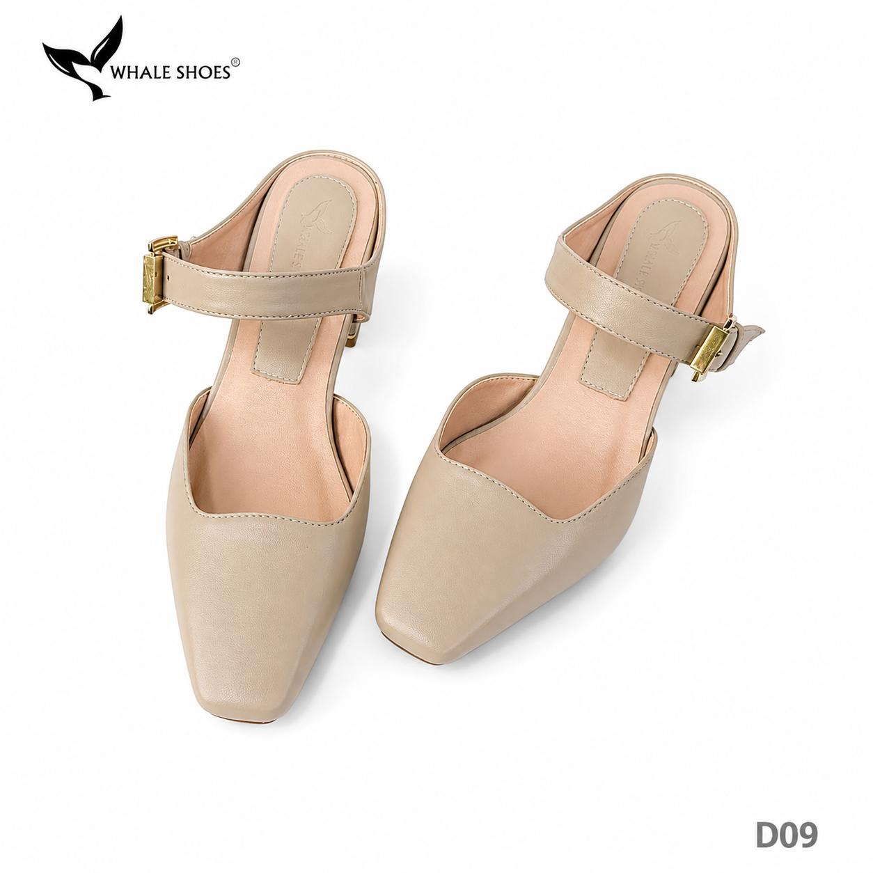 Dép Sục nữ  Whaleshoes Gót 7cm Gót Vuông Quai Khóa Kim Loại Vàng Gold Thanh Lịch-D09