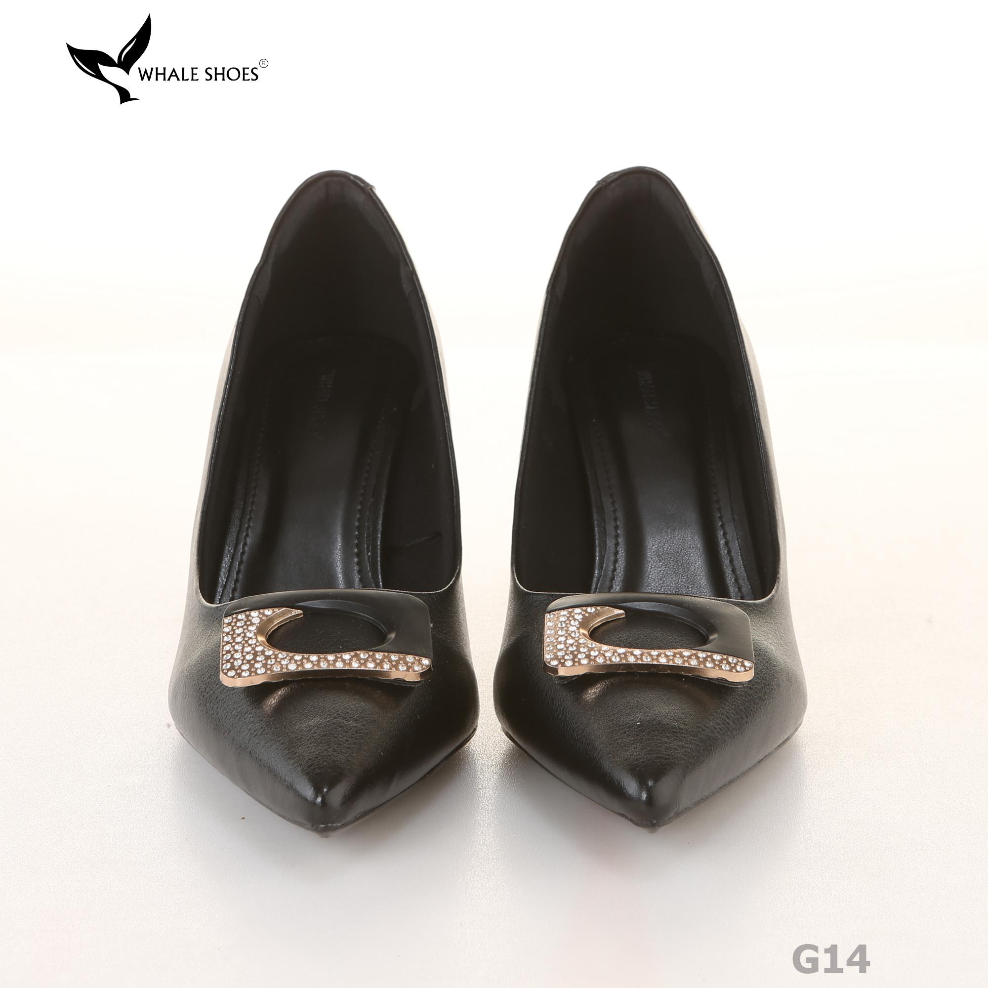 (Giảm size) Giày cao gót Whale Shoes 8cm, bít mũi, da mờ, đính khóa, lót êm, đế chống trượt-G14