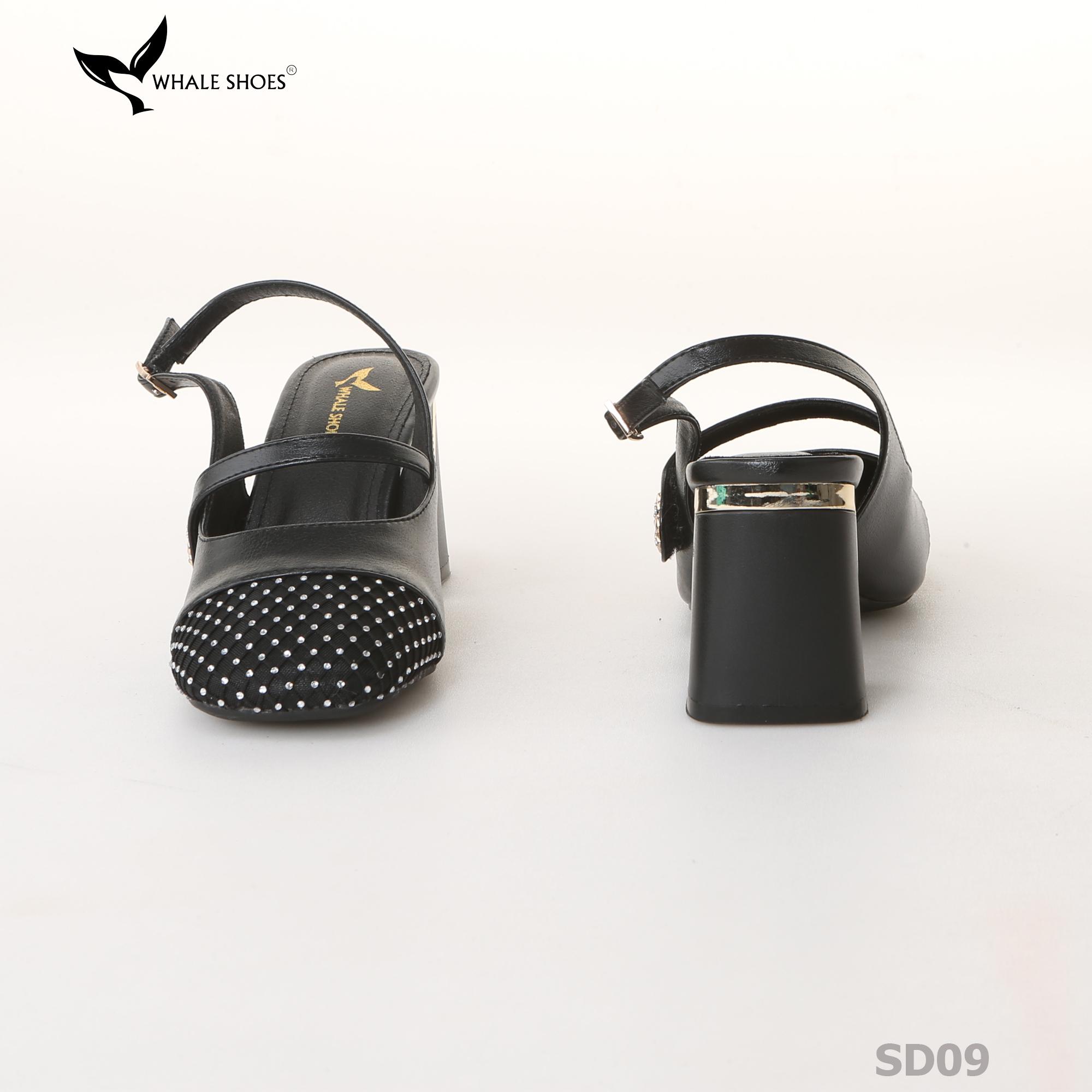 Giày cao gót nữ mũi vuông Whale Shoes 7cm, 6cm, phối lưới đính đá, gót vuông mạ vàng, đế chống trượt-SD09