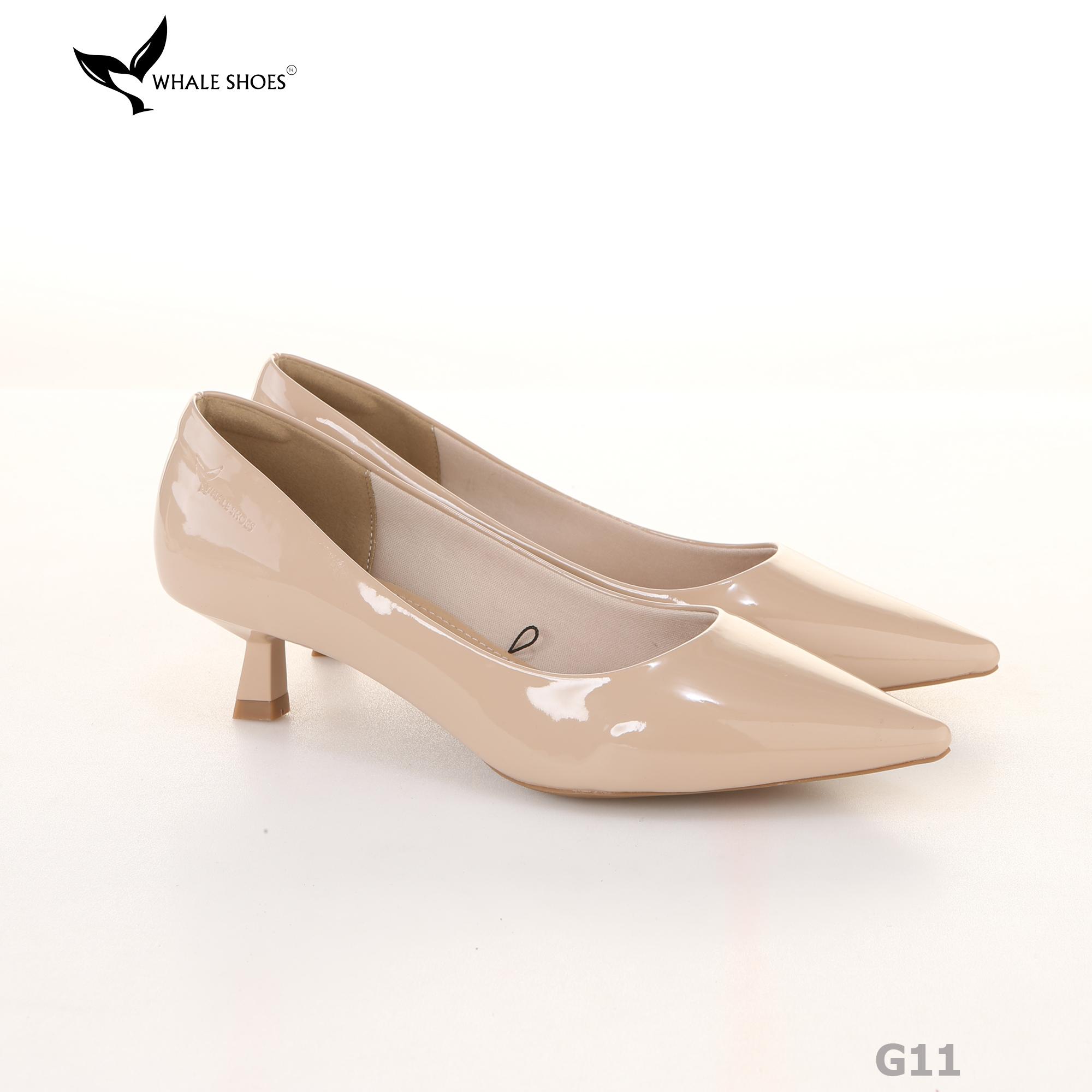 Giày Cao Gót Whale Shoes 4cm, mũi nhọn, da bóng và da mờ, lót êm, đế chống trượt-G11