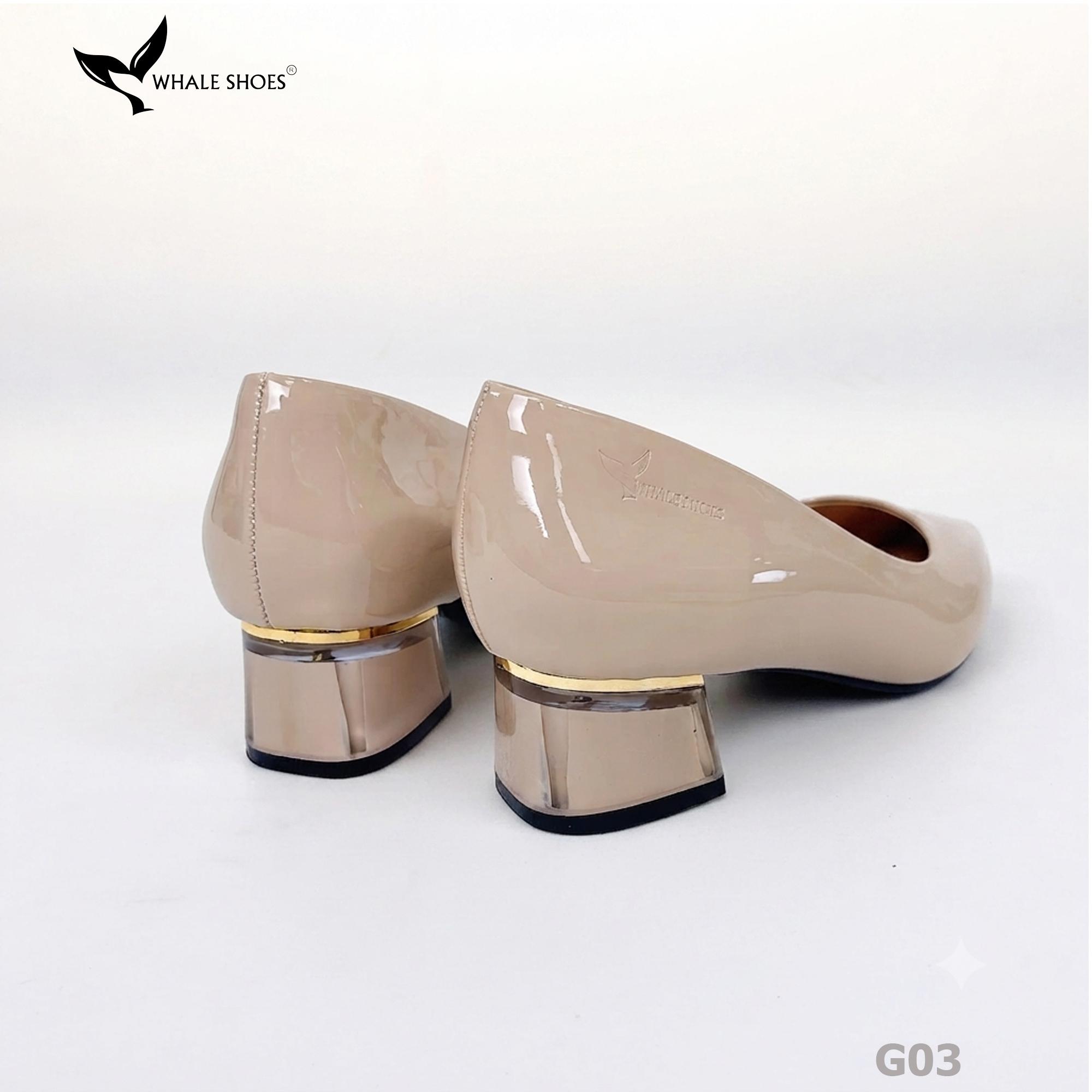 Giày cao gót nữ Whale Shoes 4cm da bóng, gót vuông mica viền vàng mũi nhọn-G03