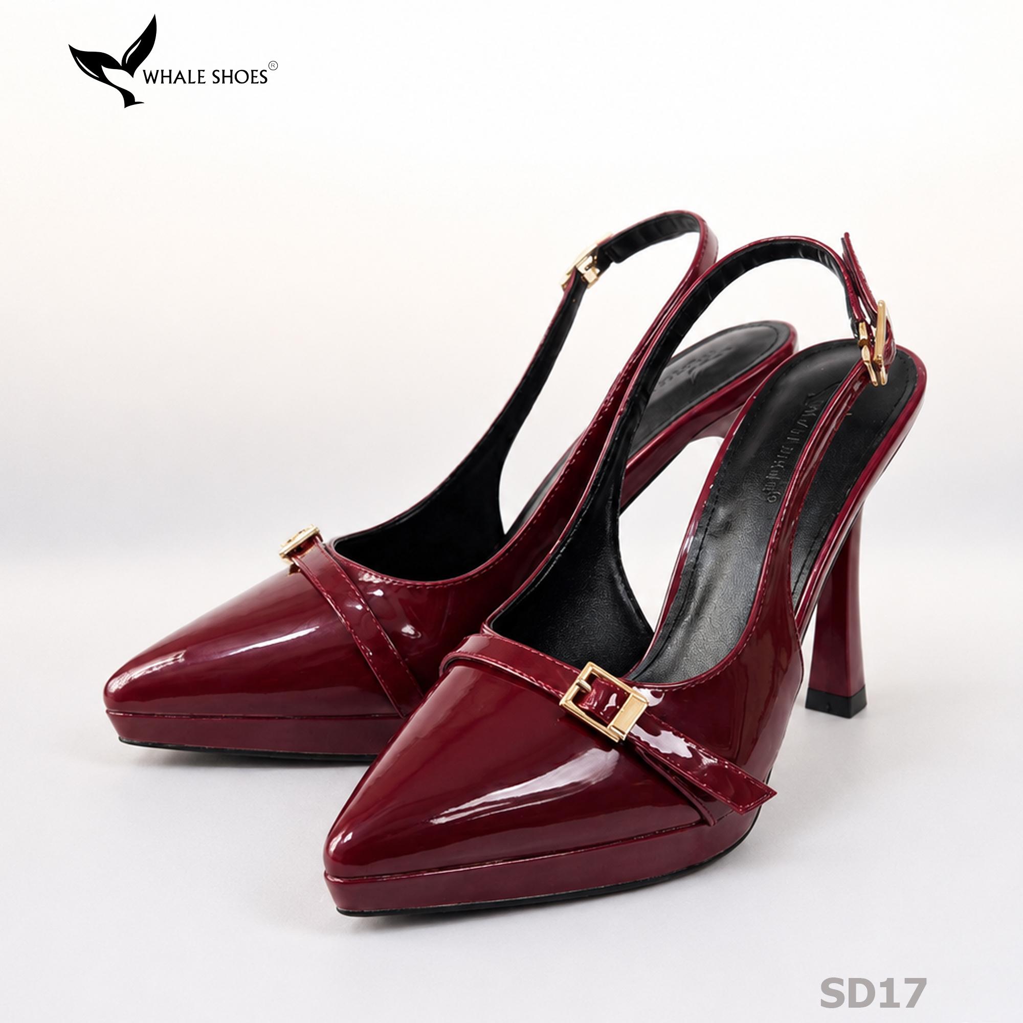 Giày Slingback Whale Shoes gót 10cm đúp mũi 1cm, khóa cài trang trí vàng Gold, đế chống trượt-SD17