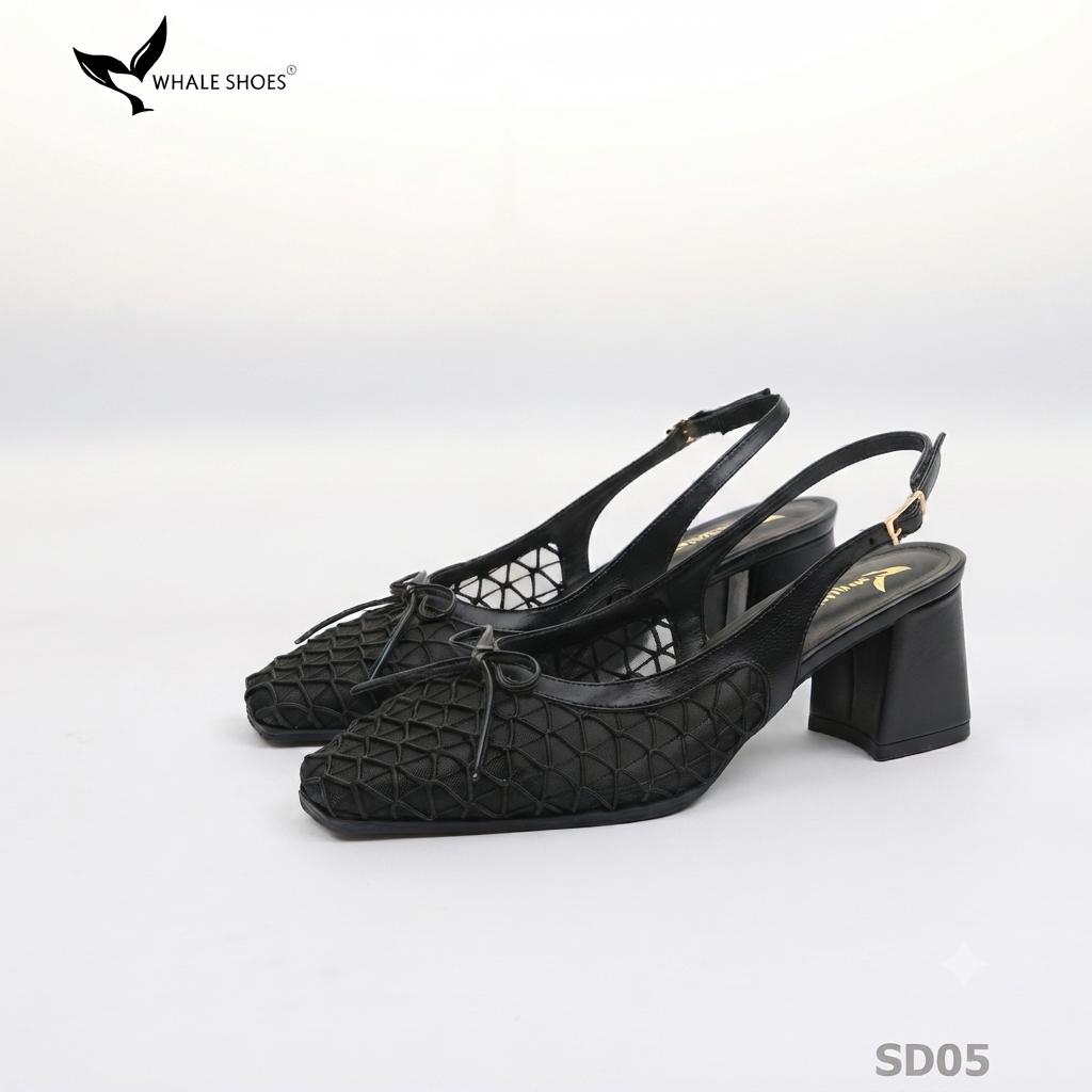 Giày slingback Whale Shoes mũi vuông da mờ phối  lưới, đính nơ, gót trụ bọc da, đế chống trượt-SD05