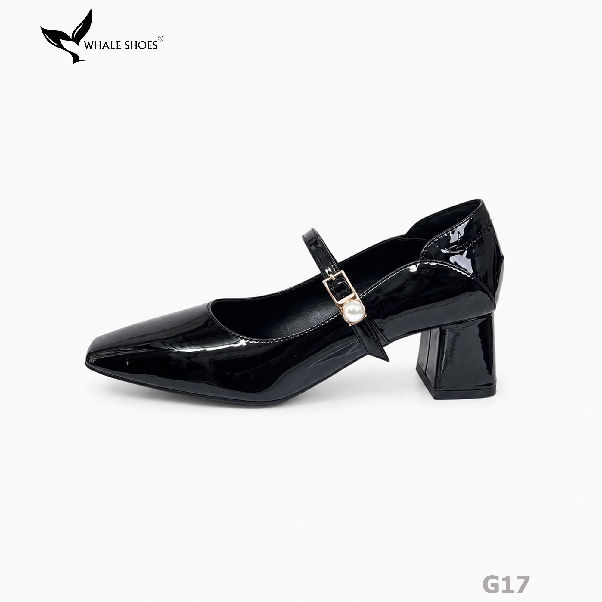 Giày Cao Gót Bít Mũi Whale Shoes 5cm Da Bóng quai đính khóa ngọc trai, Lót Êm, Đế Chống Trượt-G17